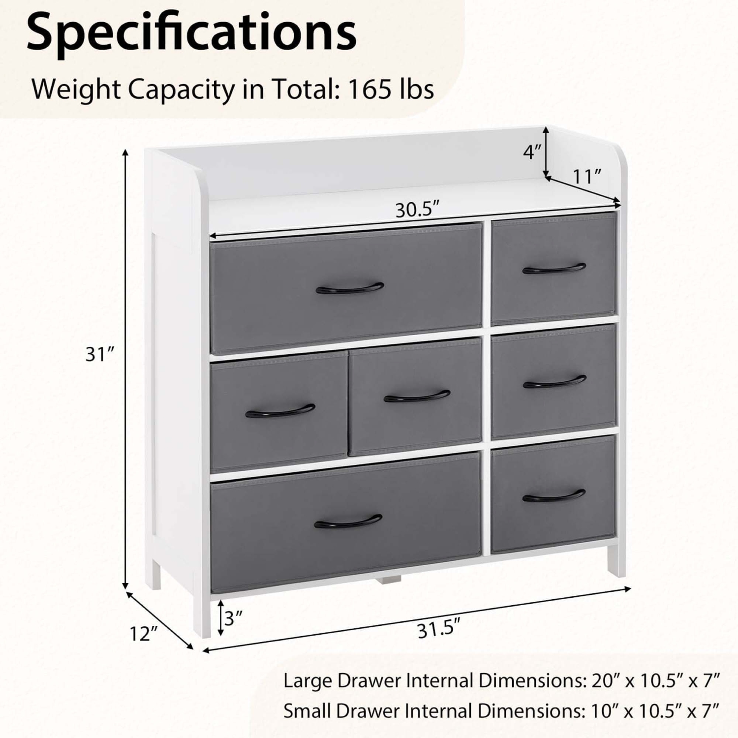 Costway 7-Drawer Dresser for Bedroom Chest of Drawers with 2 Large Fabric Bins White