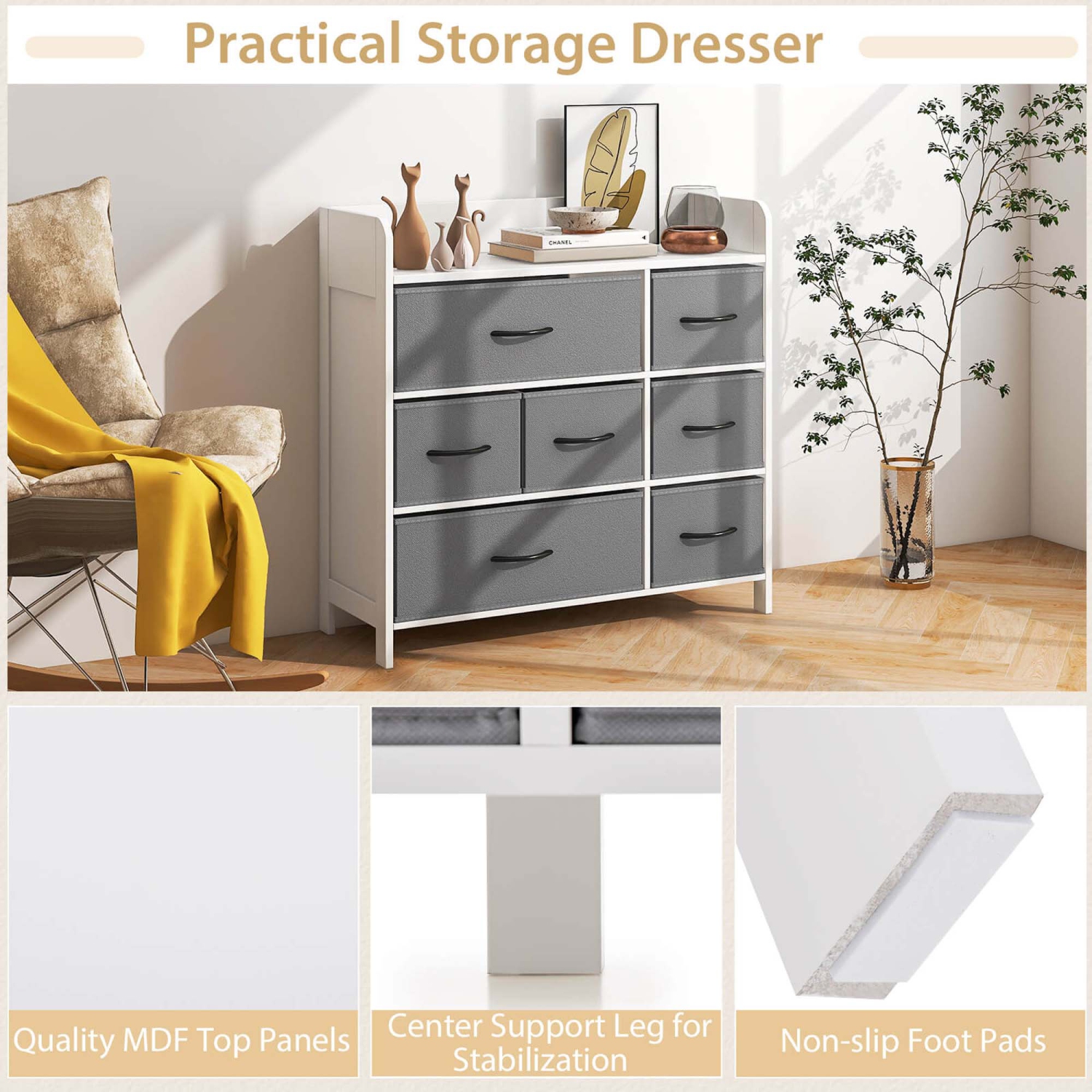 Costway 7-Drawer Dresser for Bedroom Chest of Drawers with 2 Large Fabric Bins White