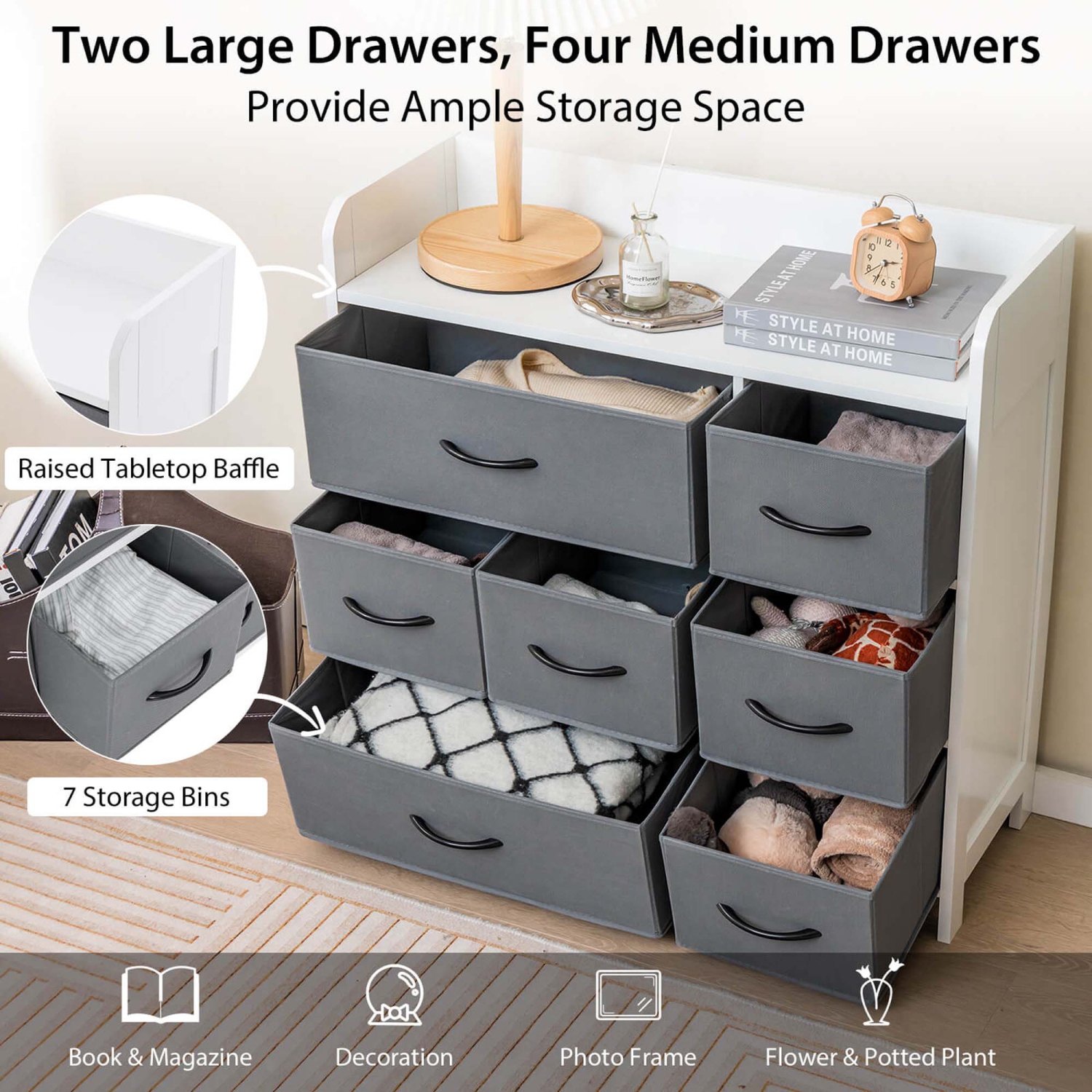 Costway 7-Drawer Dresser for Bedroom Chest of Drawers with 2 Large Fabric Bins White