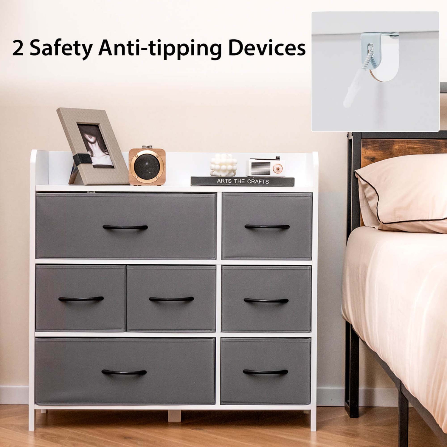 Costway 7-Drawer Dresser for Bedroom Chest of Drawers with 2 Large Fabric Bins White