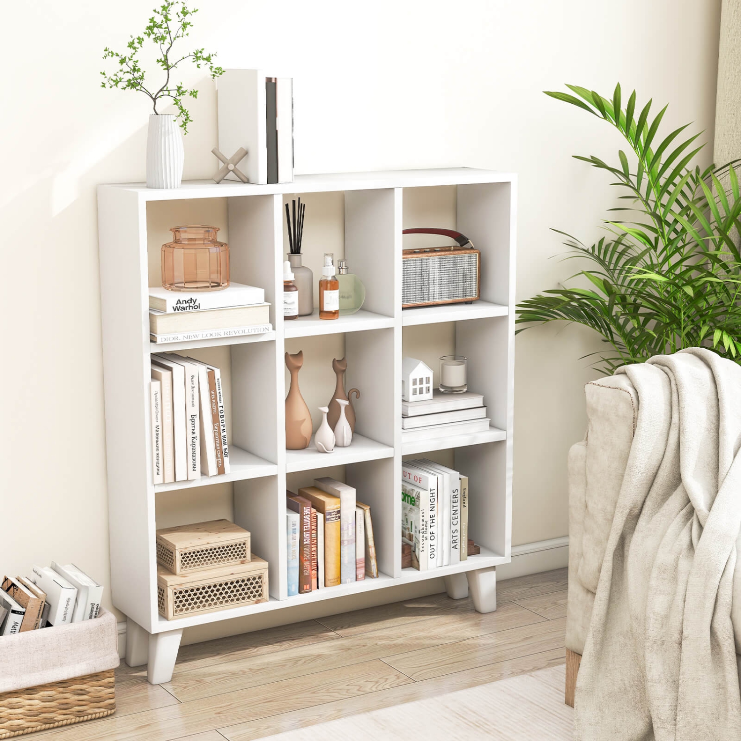 Costway 1 PCS 9-Cube Bookcase with 6 Removable Shelves Raised Support Feet for Living Room White