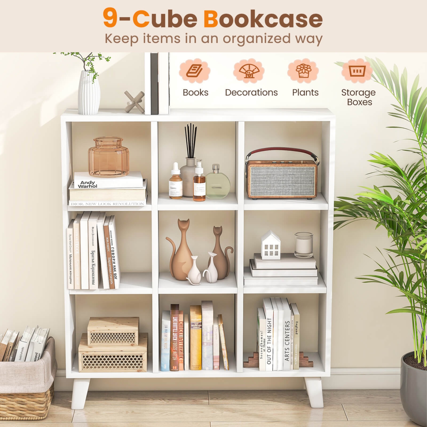 Costway 1 PCS 9-Cube Bookcase with 6 Removable Shelves Raised Support Feet for Living Room White