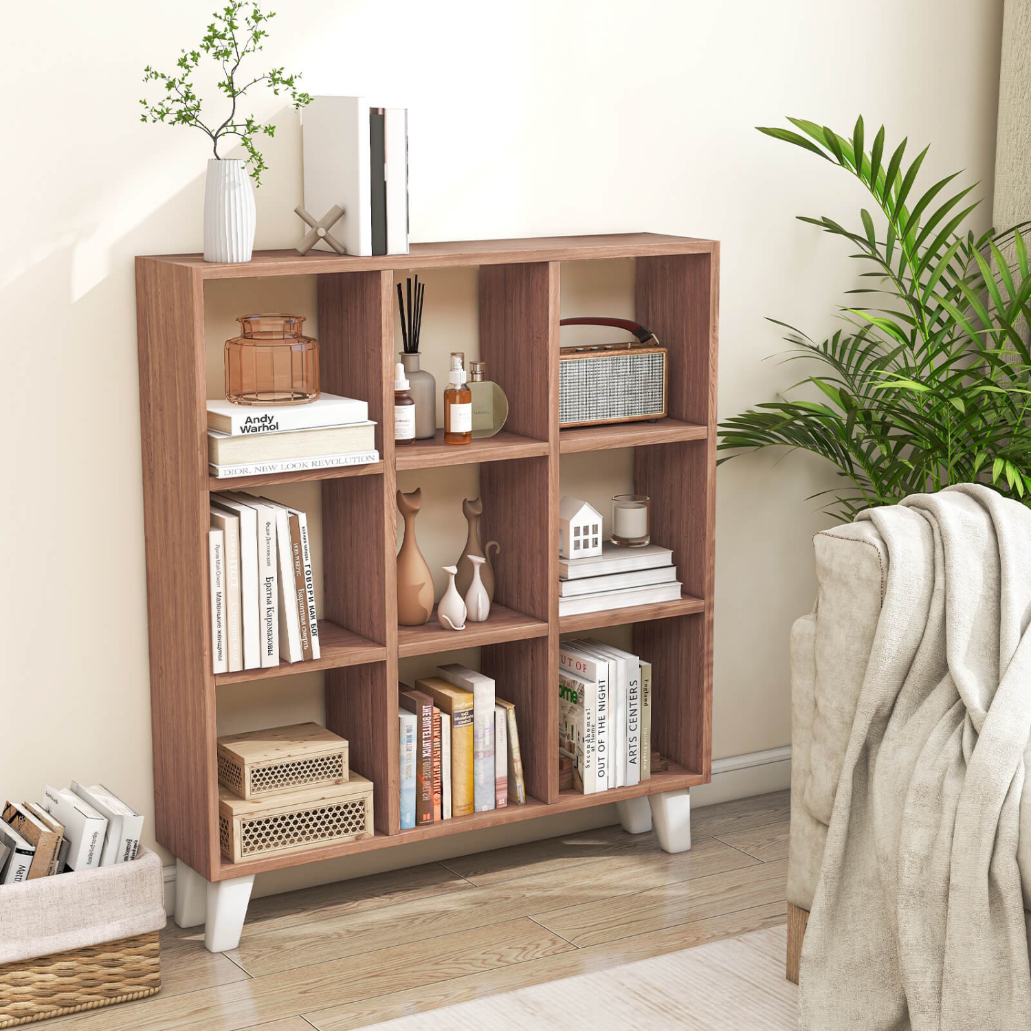 Costway 1 PCS 9-Cube Bookcase with 6 Removable Shelves Raised Support Feet for Living Room Brown