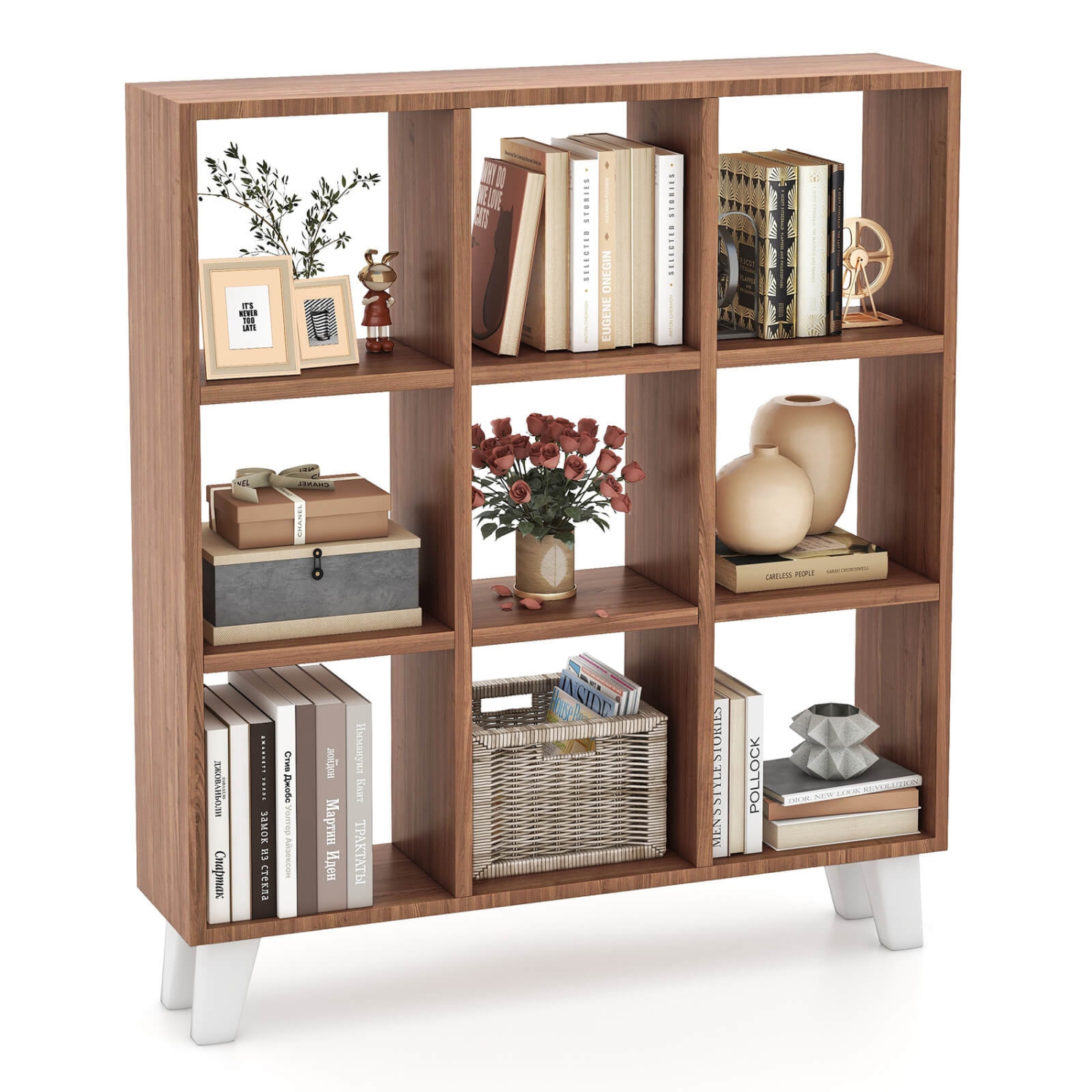 Costway 1 PCS 9-Cube Bookcase with 6 Removable Shelves Raised Support Feet for Living Room Brown