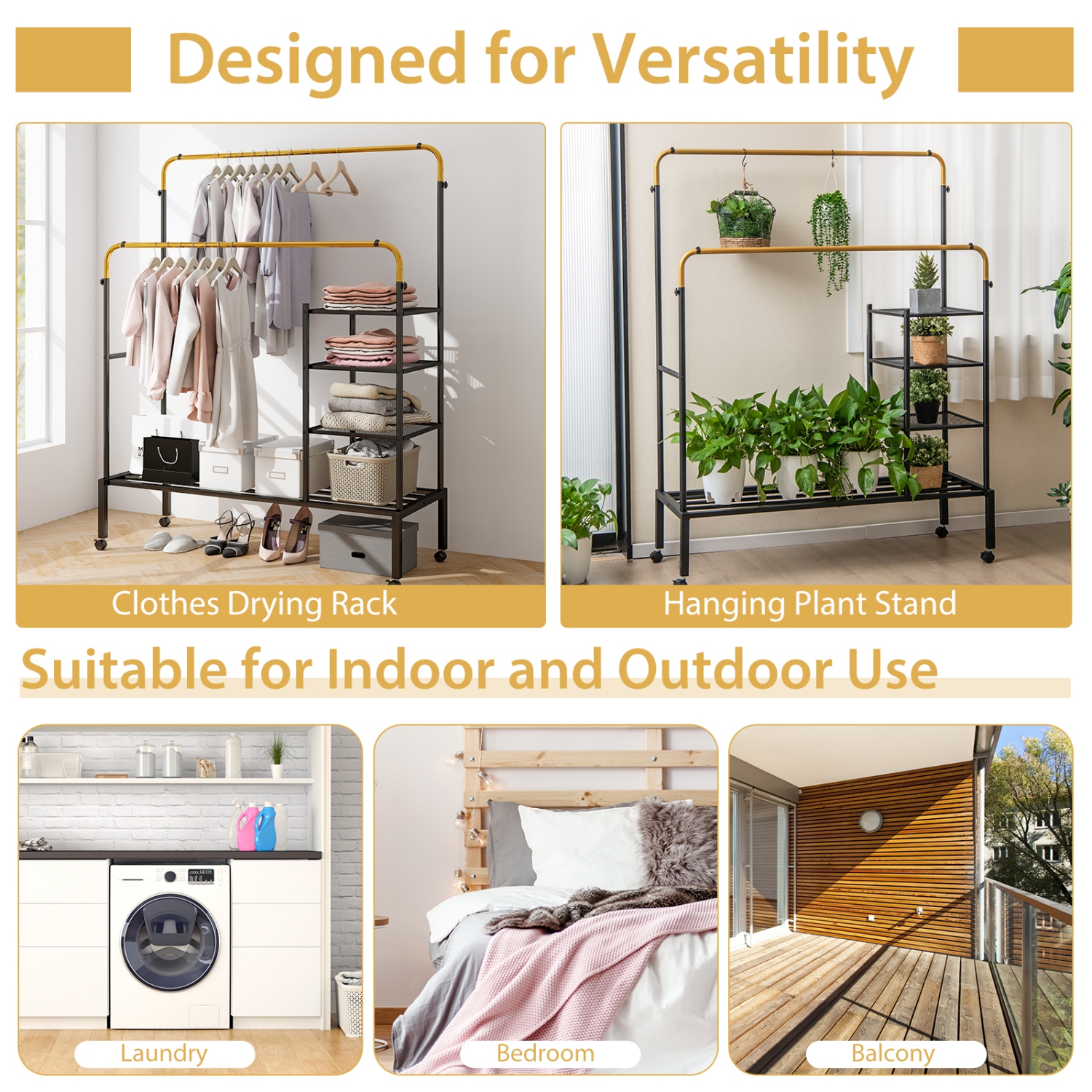 Support à vêtements à roulettes de Costway pour vêtements à deux tiges avec réglage de la hauteur