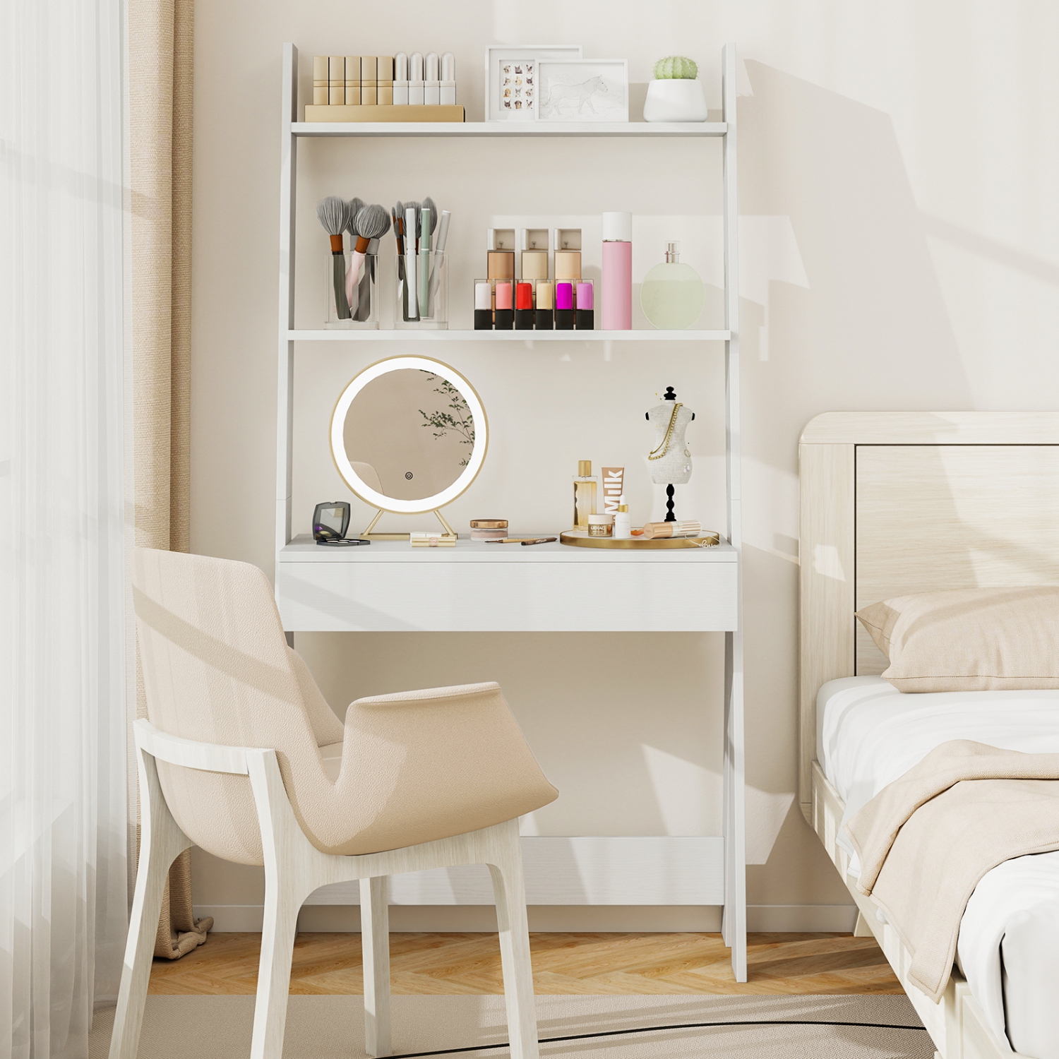 Bibliothèque de bureau à étagère en échelle avec comptoir, tiroir et 2 tablettes de Costway