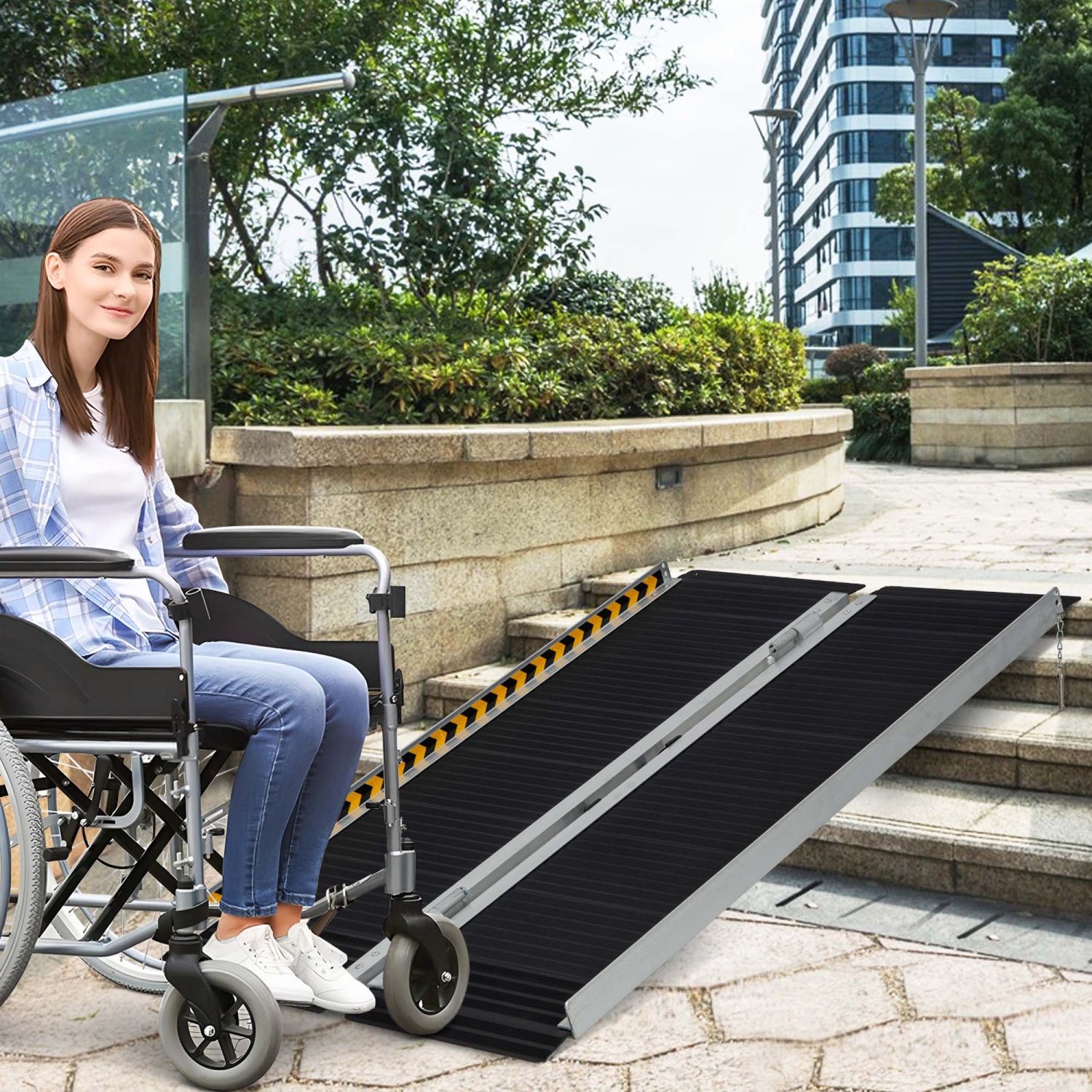 Costway Portable Aluminum Wheelchair Ramp 4 FT with Transition Plate & Non-slip Surface