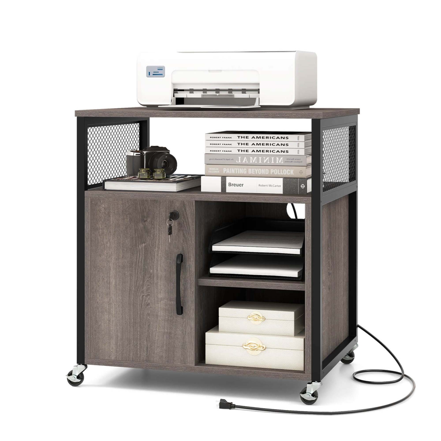 Costway File Cabinet on Wheels with Charging Station & Cable Management Hole Shelves