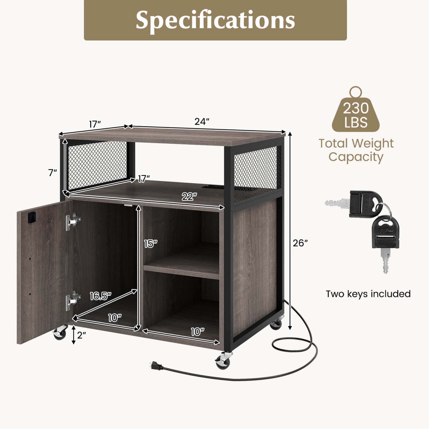 Costway File Cabinet on Wheels with Charging Station & Cable Management Hole Shelves