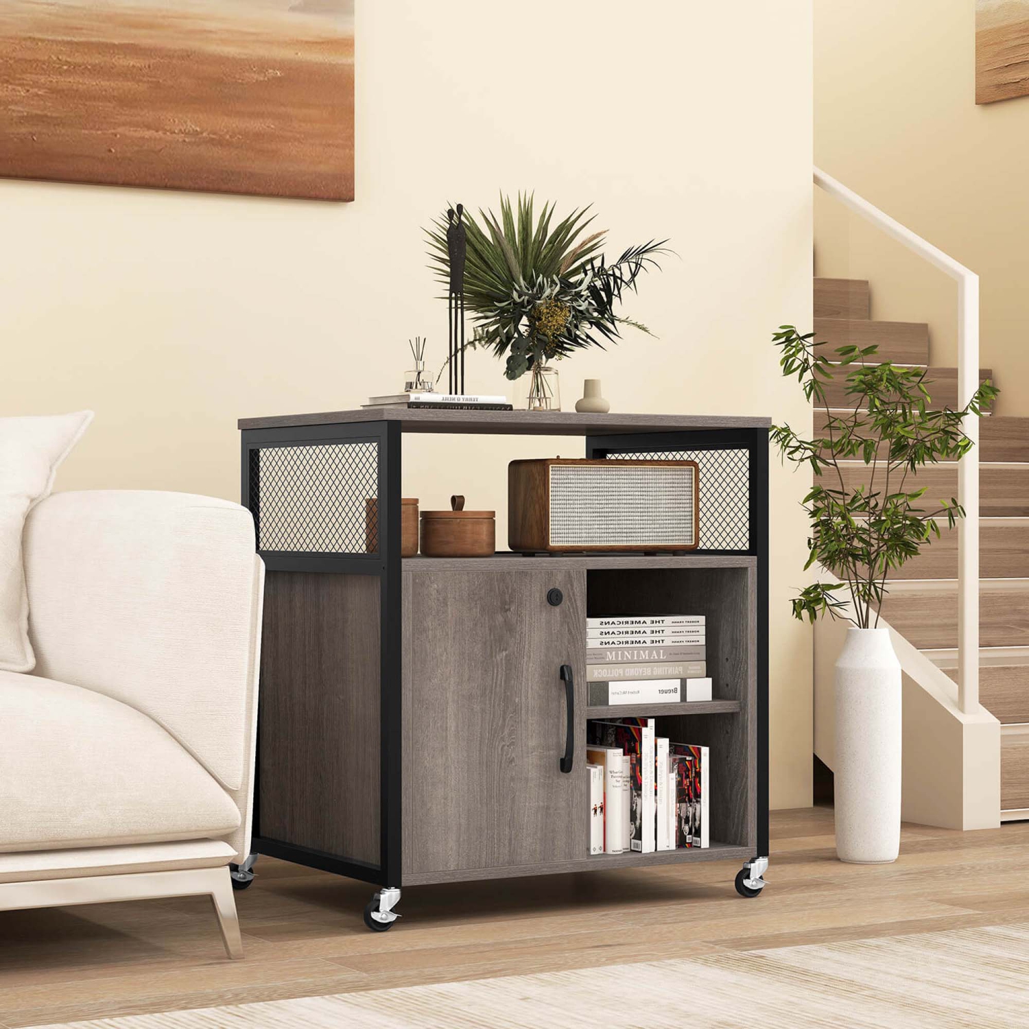 Costway File Cabinet on Wheels with Charging Station & Cable Management Hole Shelves