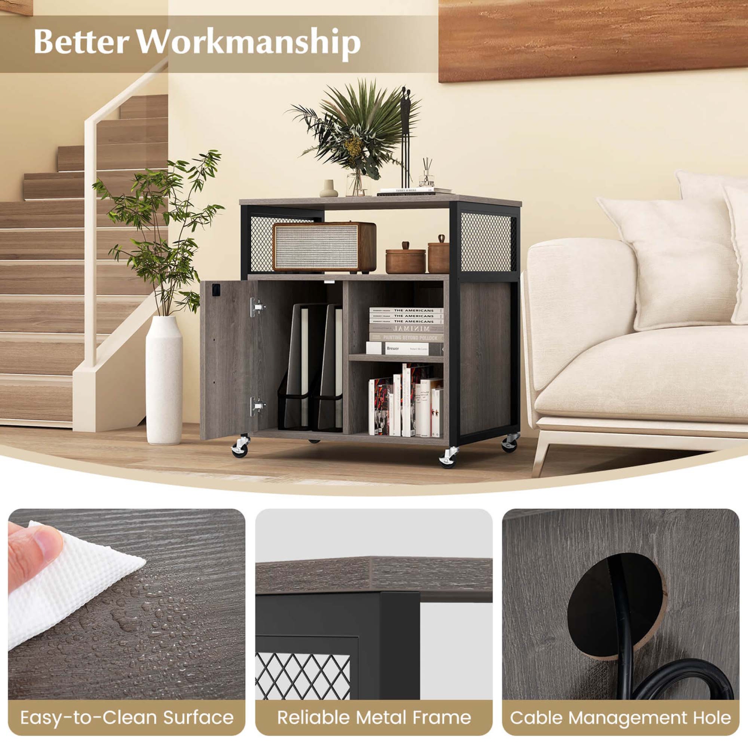 Costway File Cabinet on Wheels with Charging Station & Cable Management Hole Shelves