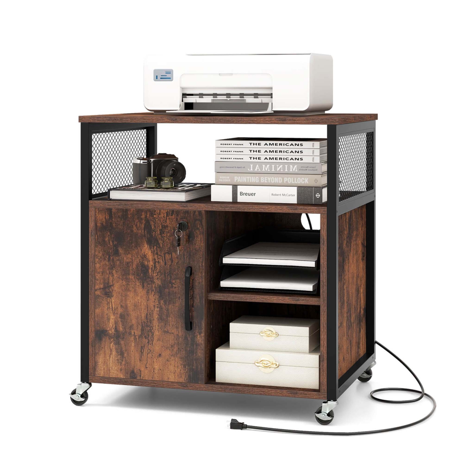 Costway File Cabinet on Wheels with Charging Station & Cable Management Hole Shelves