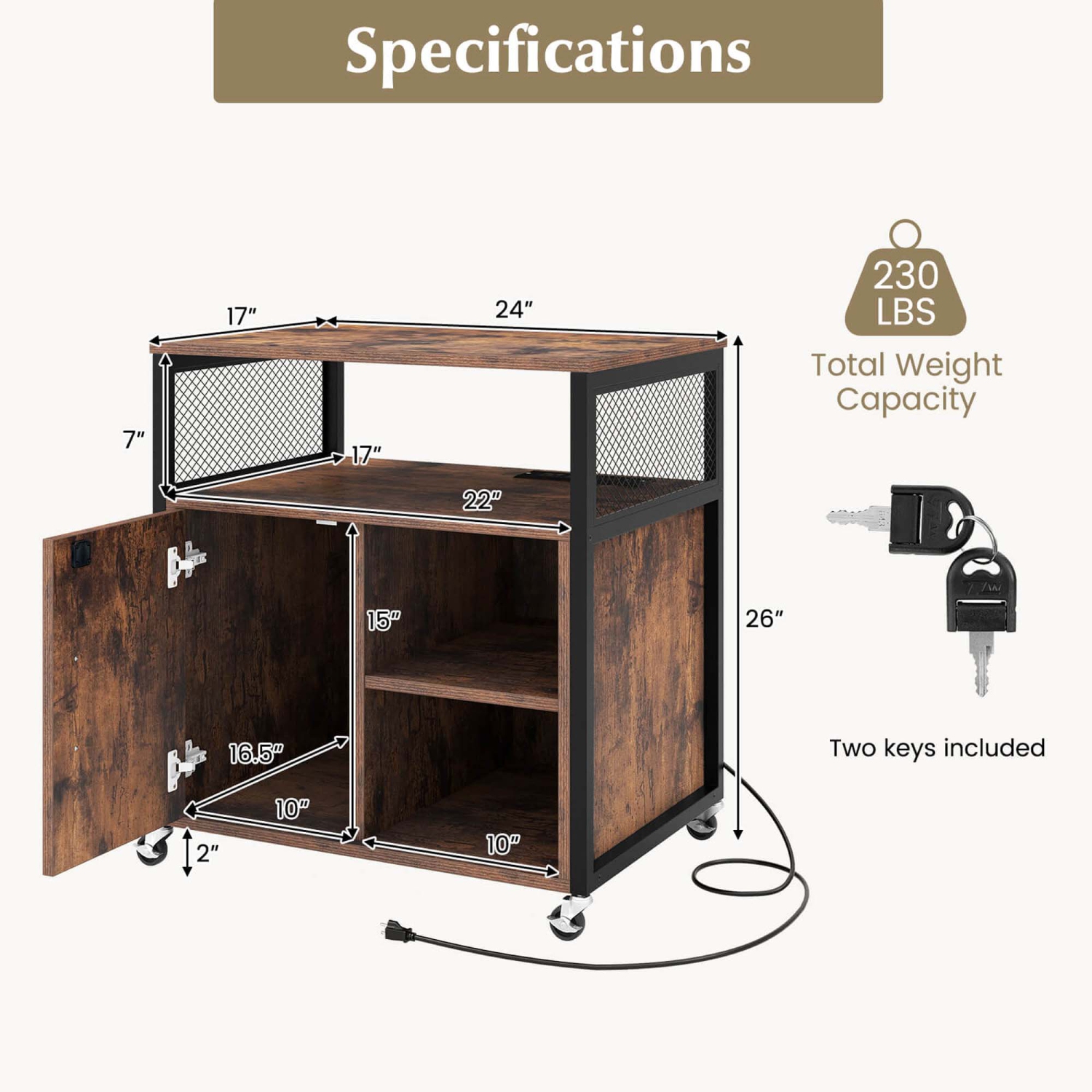 Costway File Cabinet on Wheels with Charging Station & Cable Management Hole Shelves