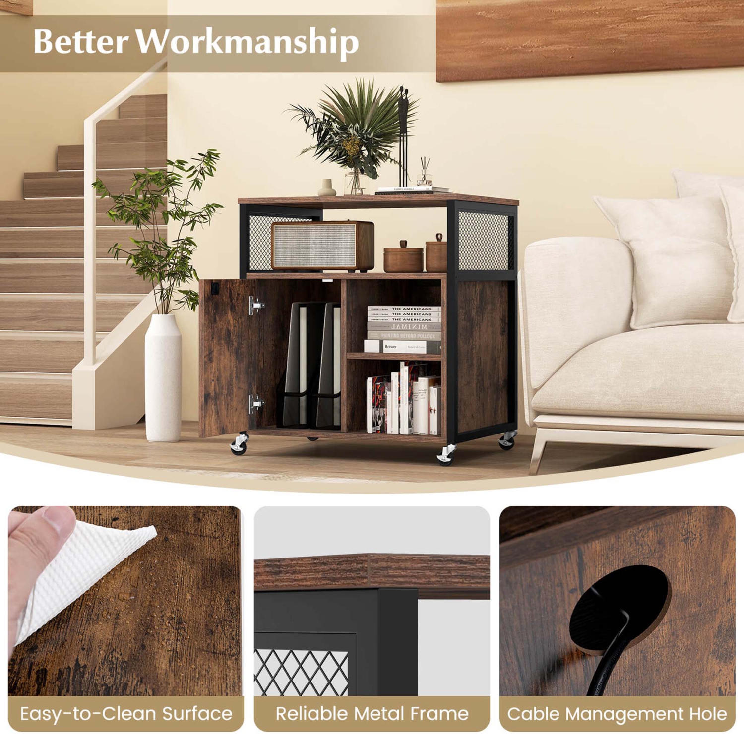 Costway File Cabinet on Wheels with Charging Station & Cable Management Hole Shelves