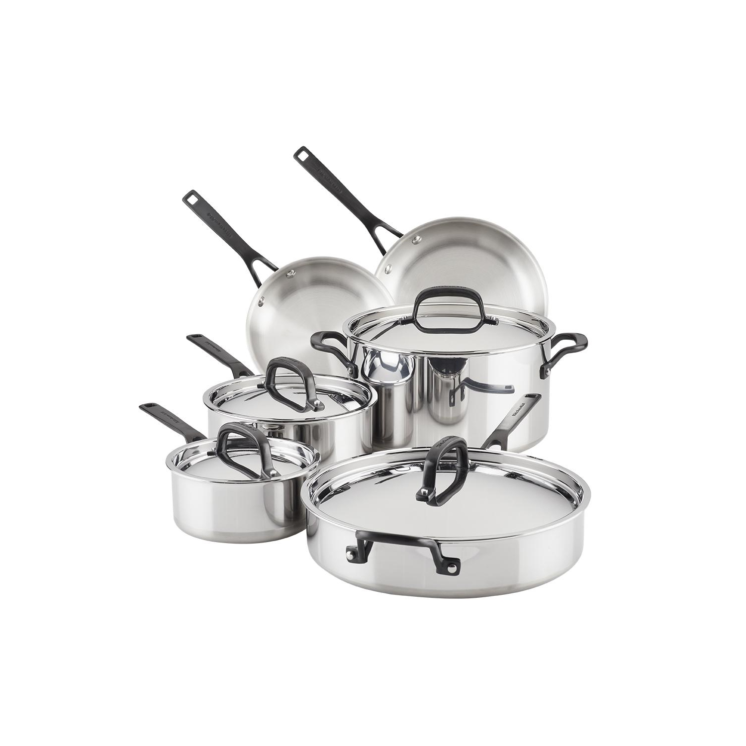 KitchenAid 5-Ply Clad Stainless Steel Cookware Set, 10-Piece, Polished Stainless Steel