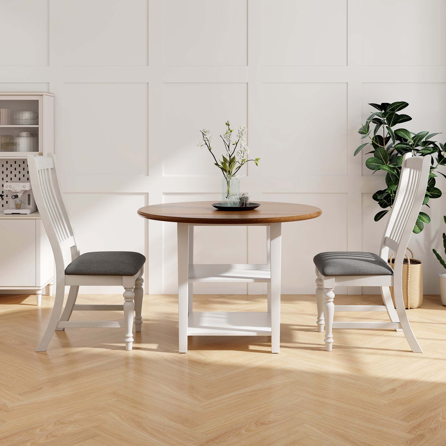 Costway Set of 2 Dining Chairs with Solid Wood Legs & Padded Seat Kitchen Side Chair White & Grey