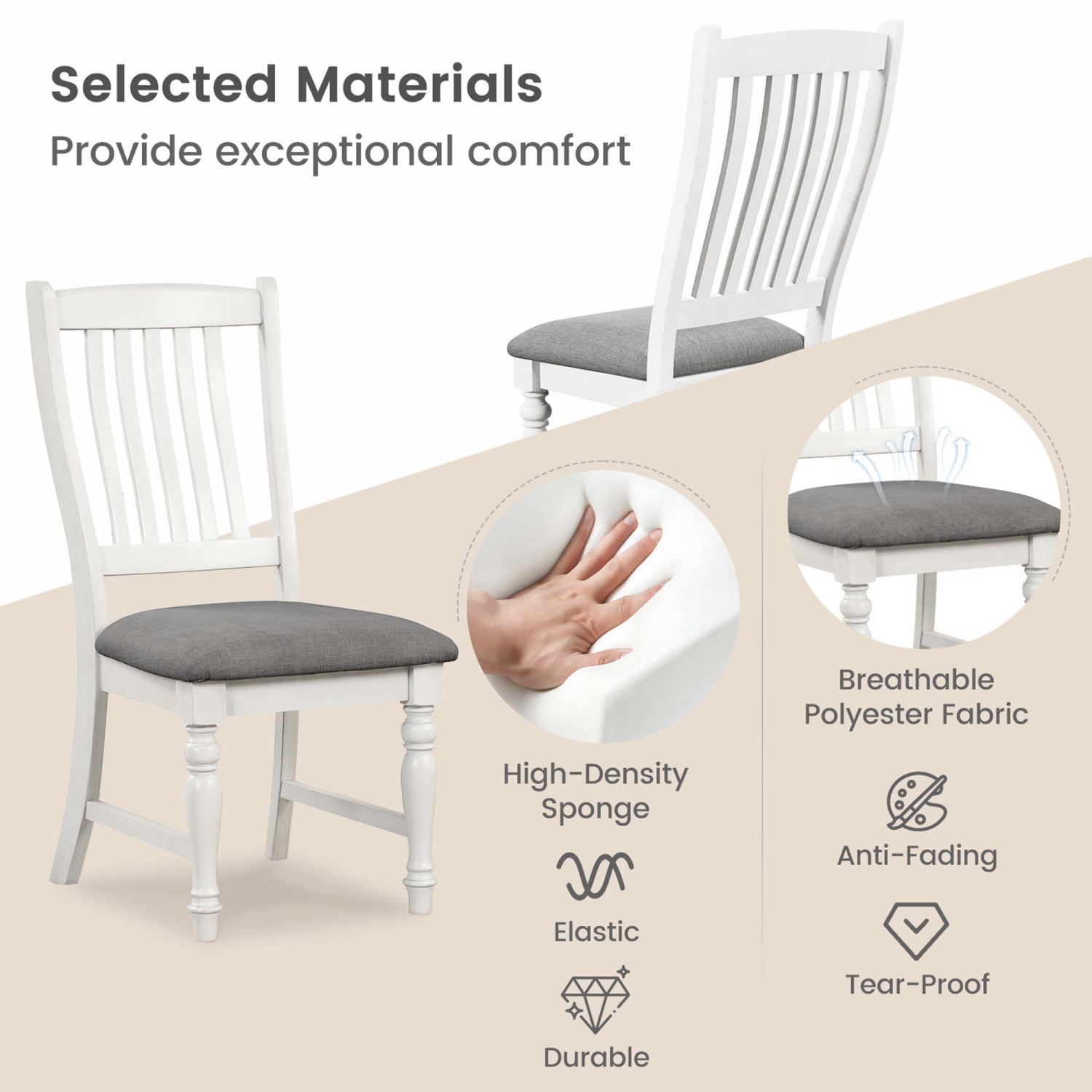 Costway Set of 2 Dining Chairs with Solid Wood Legs & Padded Seat Kitchen Side Chair White & Grey