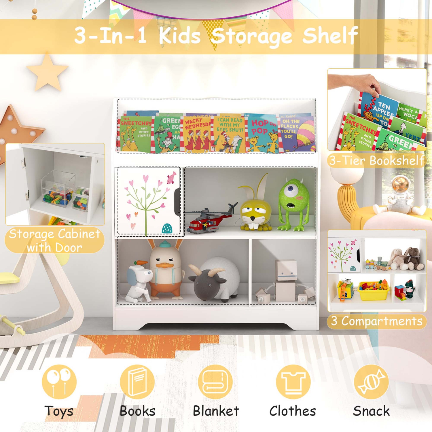 Costway Toy Storage Organizer 3-In-1 Kids Toy Shelf with Book Shelf, Storage Cabinet