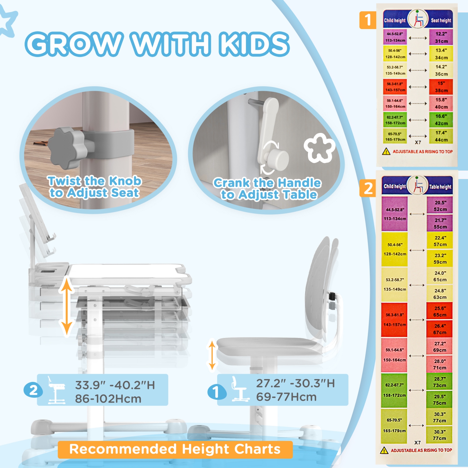 Qaba Kids Desk and Chair Set, Height Adjustable Kids Study Table and Chair Set with Tilt Desktop, Large Writing Board, Storage Drawer, Book Stand for