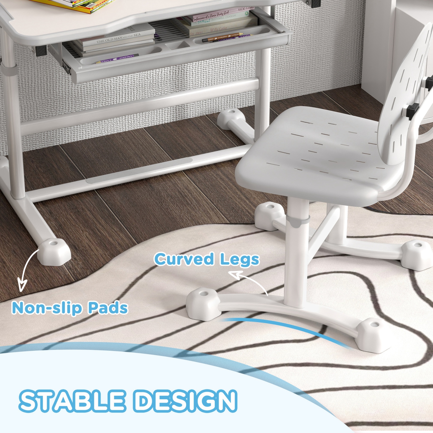 Qaba Kids Desk and Chair Set, Height Adjustable Kids Study Table and Chair Set with Tilt Desktop, Large Writing Board, Storage Drawer, Book Stand for