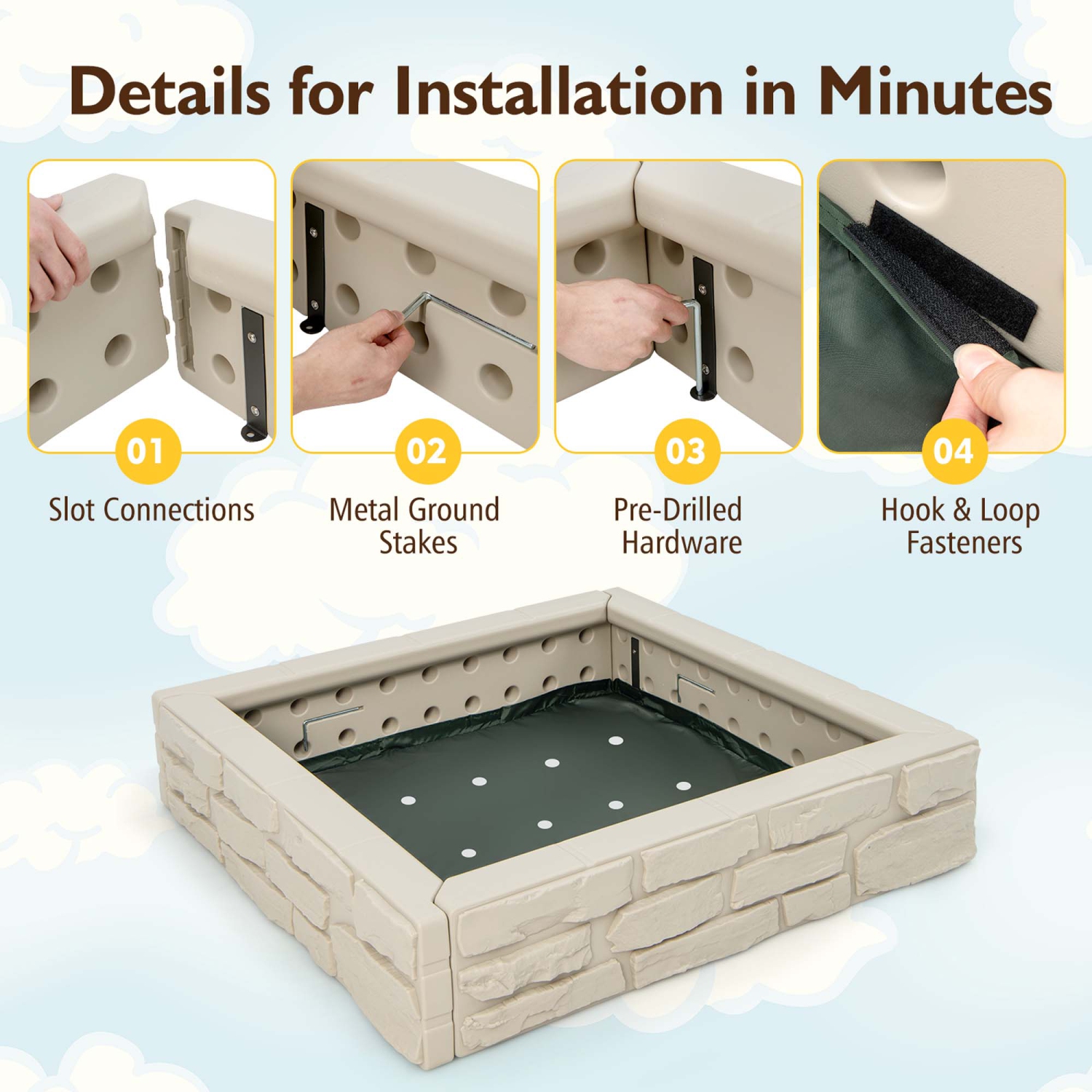 Bac à sable pour enfants avec doublure inférieure de Costway Backyard Beach HDPE Sandpit pour le jeu en plein air