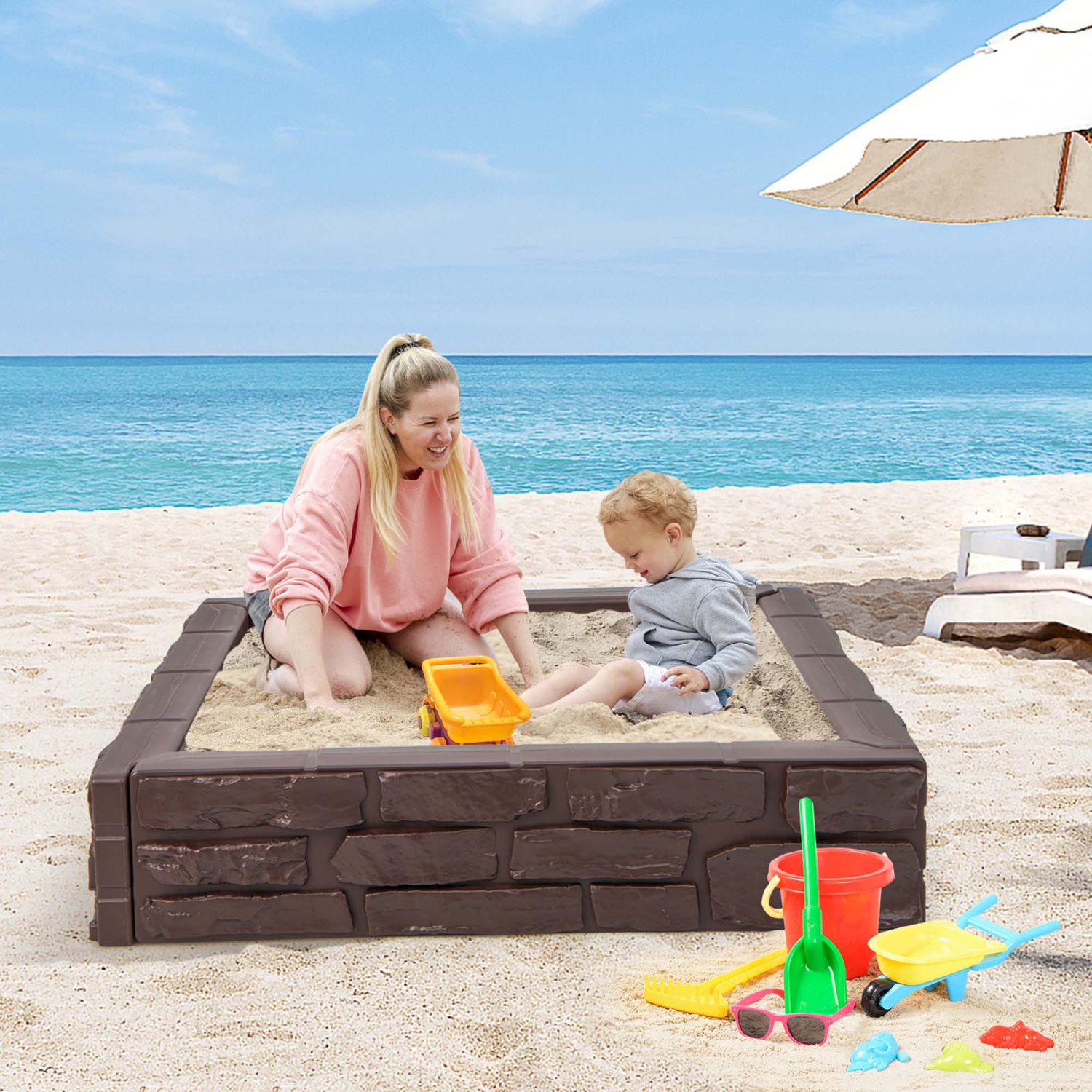 Bac à sable pour enfants avec doublure inférieure de Costway Backyard Beach HDPE Sandpit pour le jeu en plein air