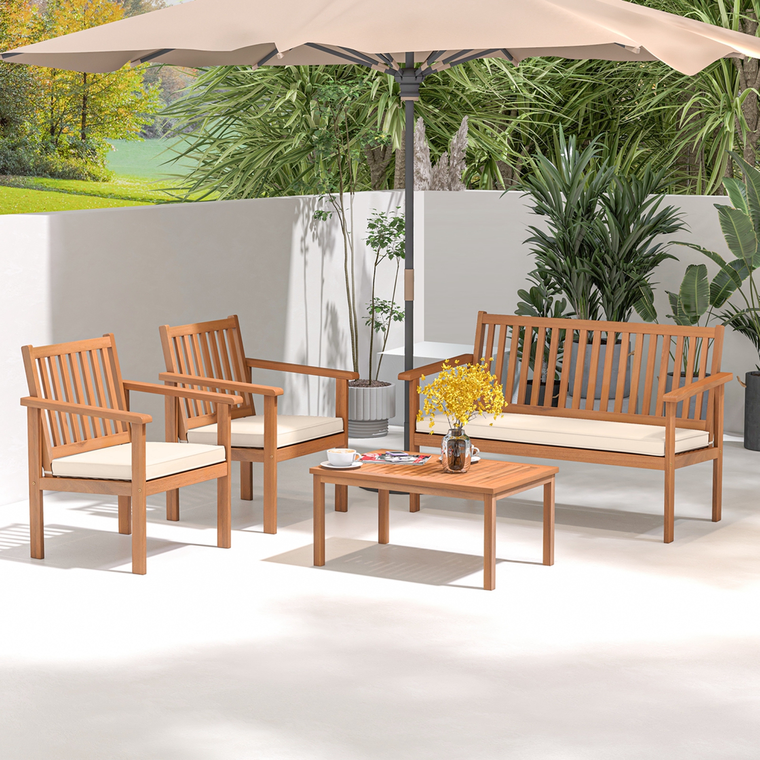 Costway 4 PCS Patio Wood Furniture Set with Loveseat, 2 Chairs & Coffee Table for Porch