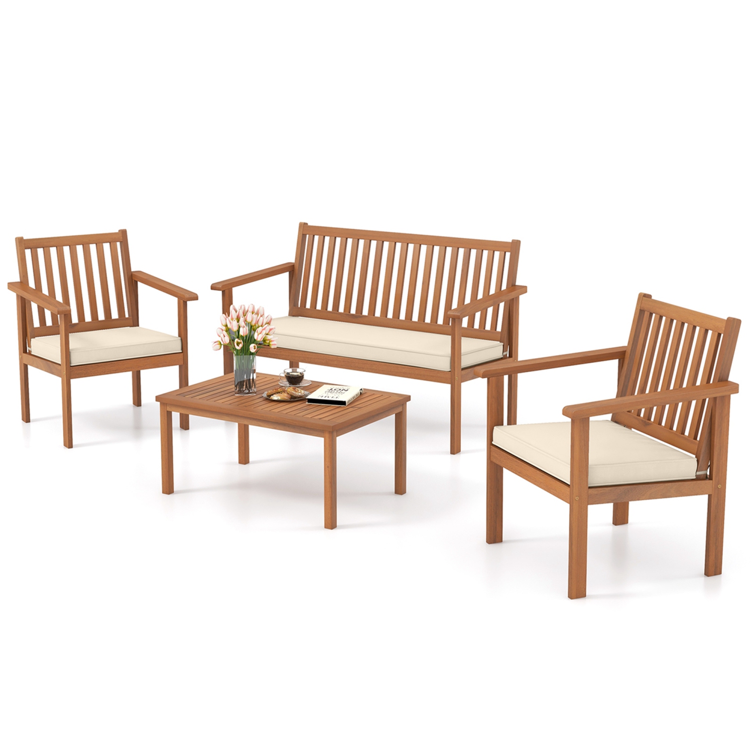 Costway 4 PCS Patio Wood Furniture Set with Loveseat, 2 Chairs & Coffee Table for Porch