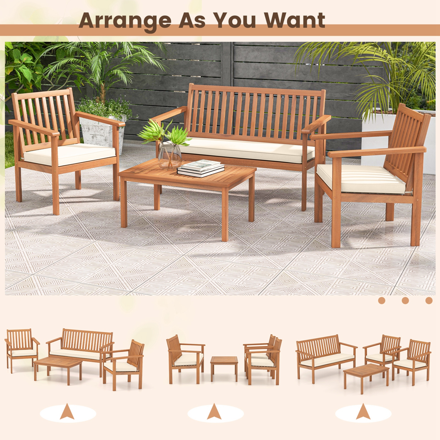 Costway 4 PCS Patio Wood Furniture Set with Loveseat, 2 Chairs & Coffee Table for Porch