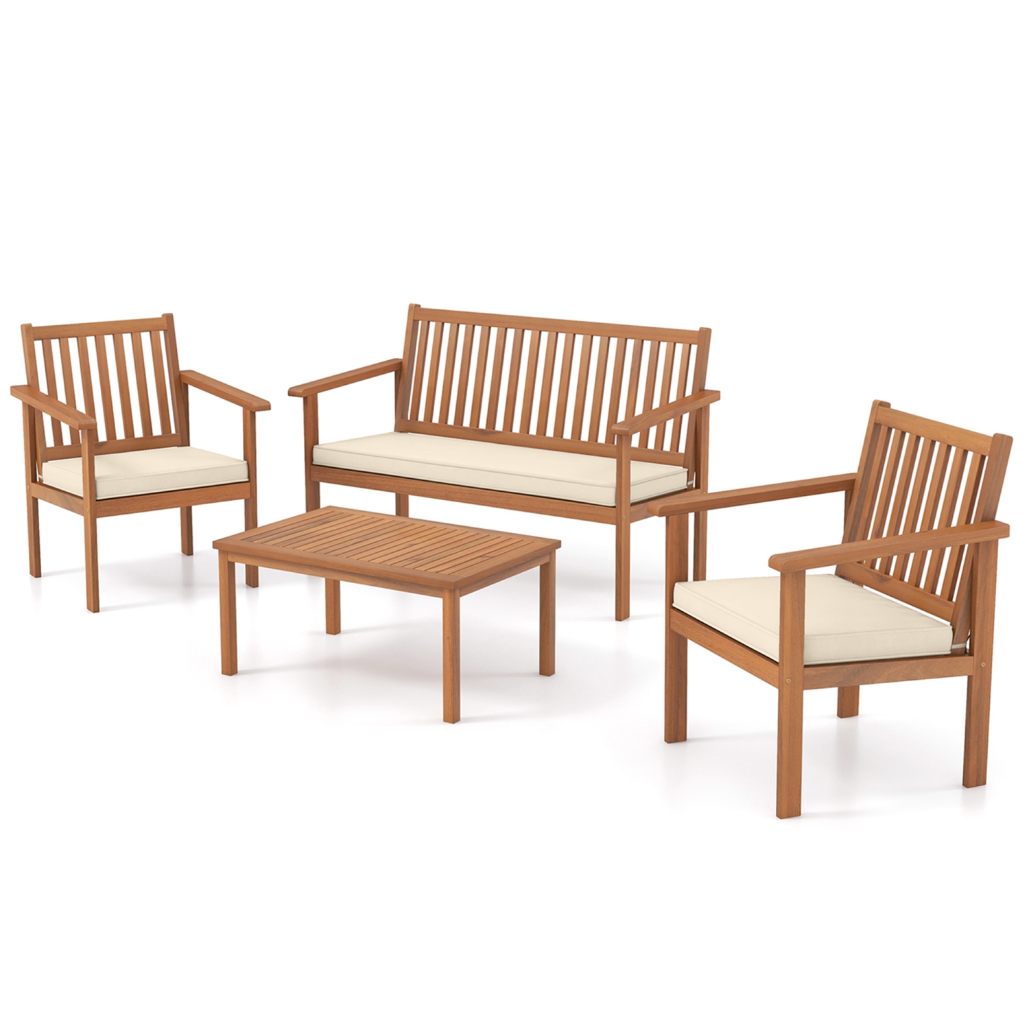 Costway 4 PCS Patio Wood Furniture Set with Loveseat, 2 Chairs & Coffee Table for Porch