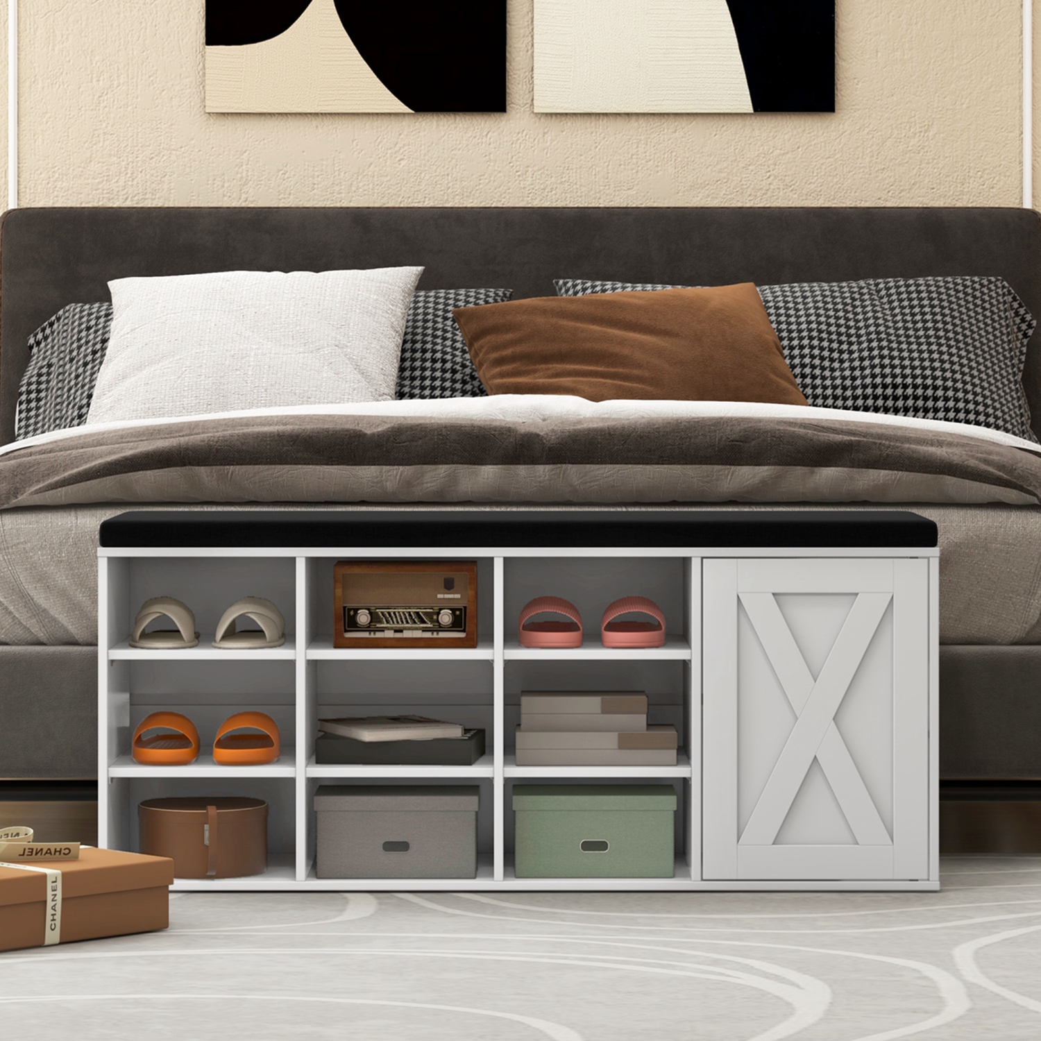 Banc pour chaussures de Costway avec coussin rembourré et support réglable à 9 cubes pour chaussures