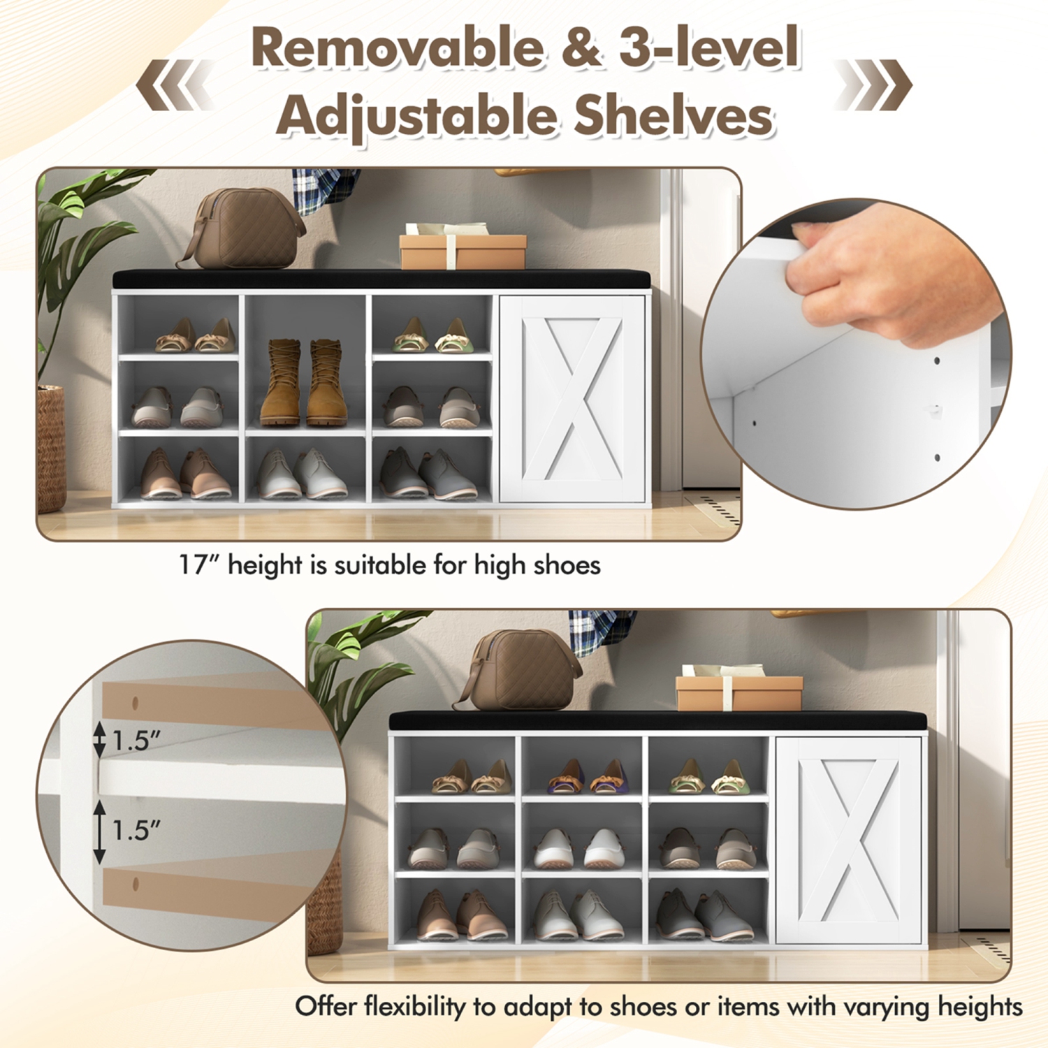 Banc pour chaussures de Costway avec coussin rembourré et support réglable à 9 cubes pour chaussures