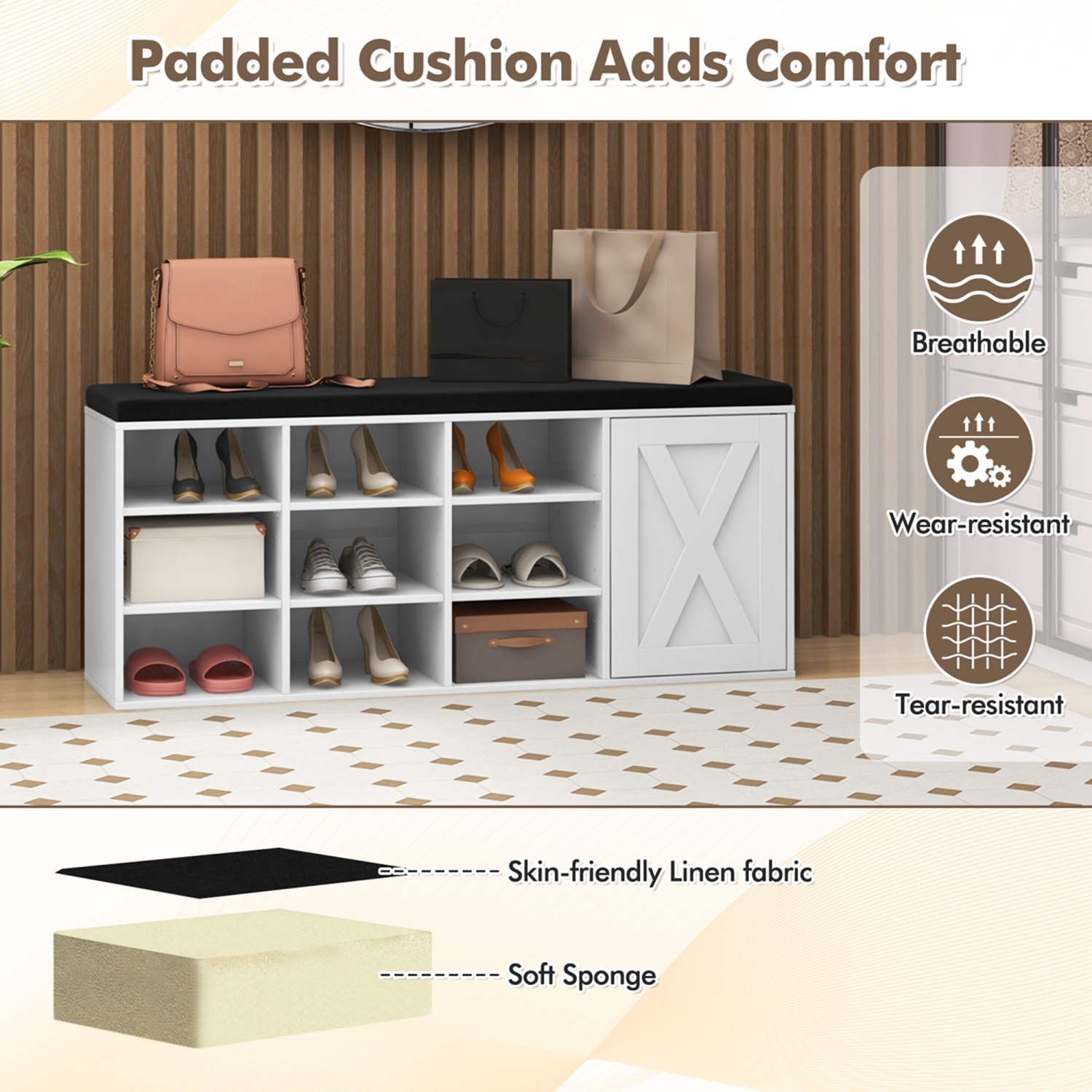 Banc pour chaussures de Costway avec coussin rembourré et support réglable à 9 cubes pour chaussures