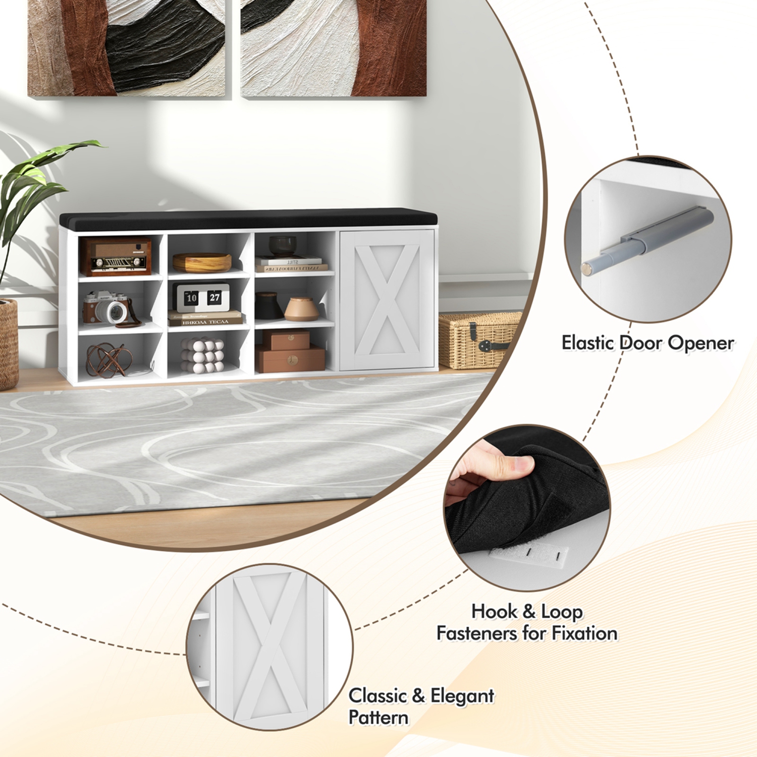 Banc pour chaussures de Costway avec coussin rembourré et support réglable à 9 cubes pour chaussures