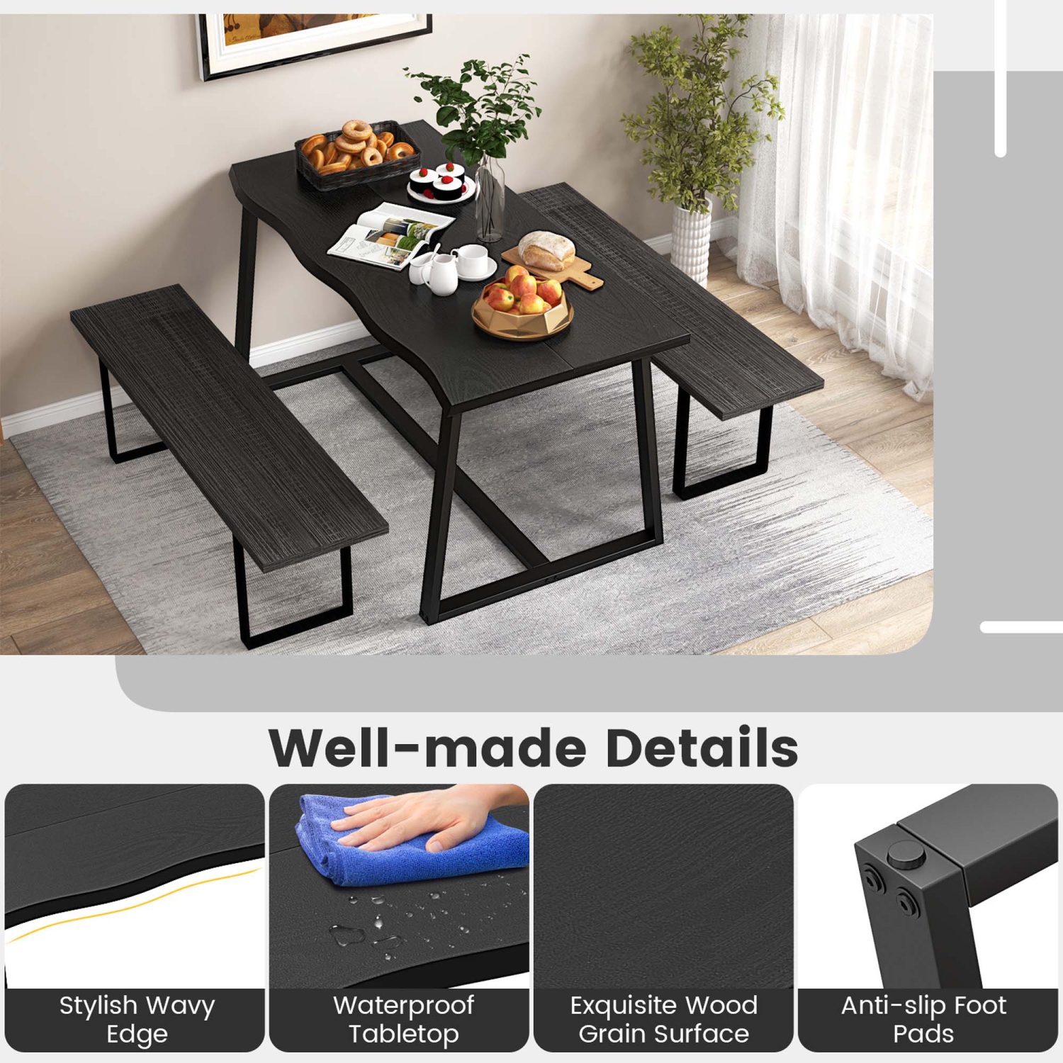 Costway 63" Large Dining Table for 4-6 People with Wavy Edge Heavy-duty Metal Frame