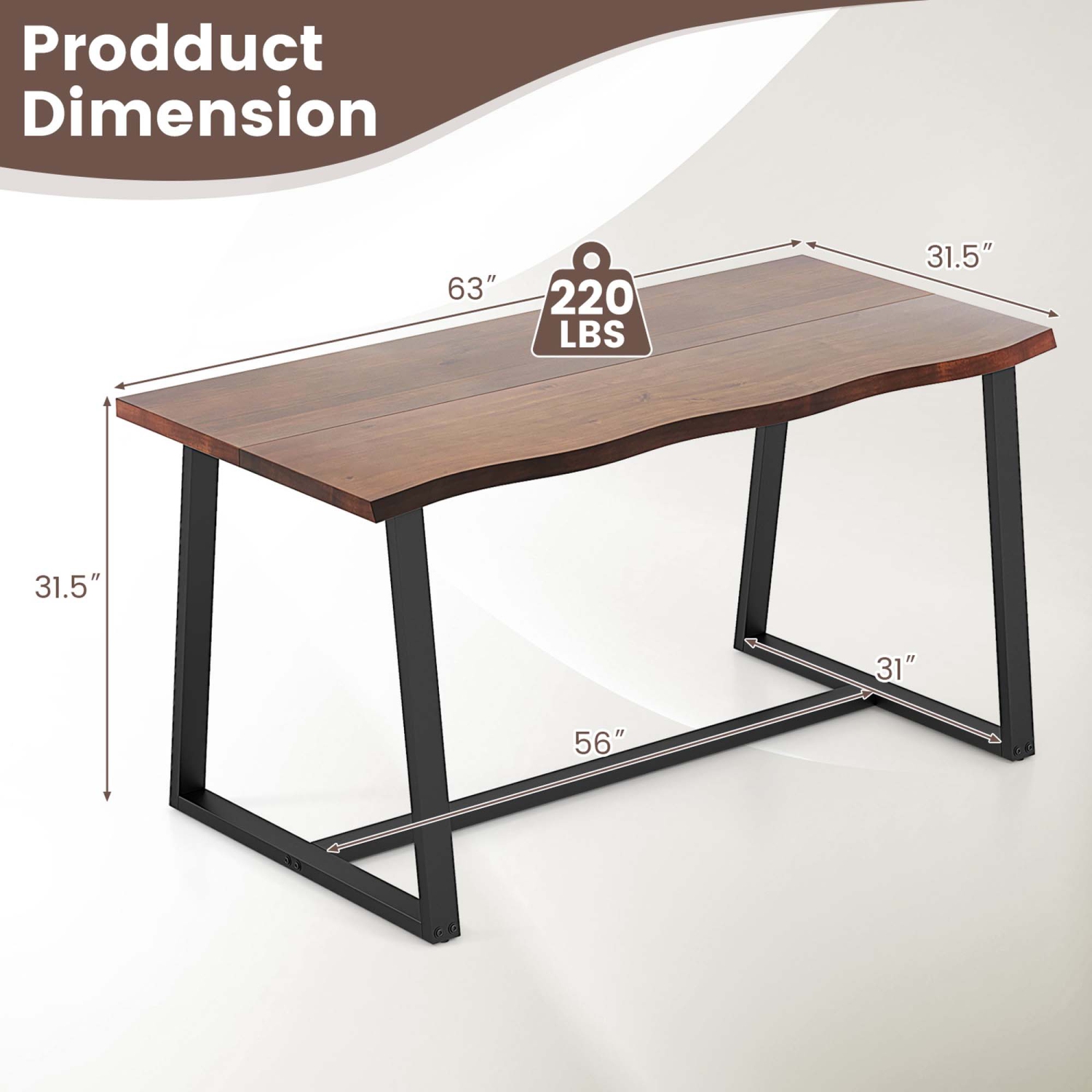 Grande table de salle à manger de 63 po de Costway pour 4-6&nbsp;personnes avec cadre en métal robuste Wavy Edge