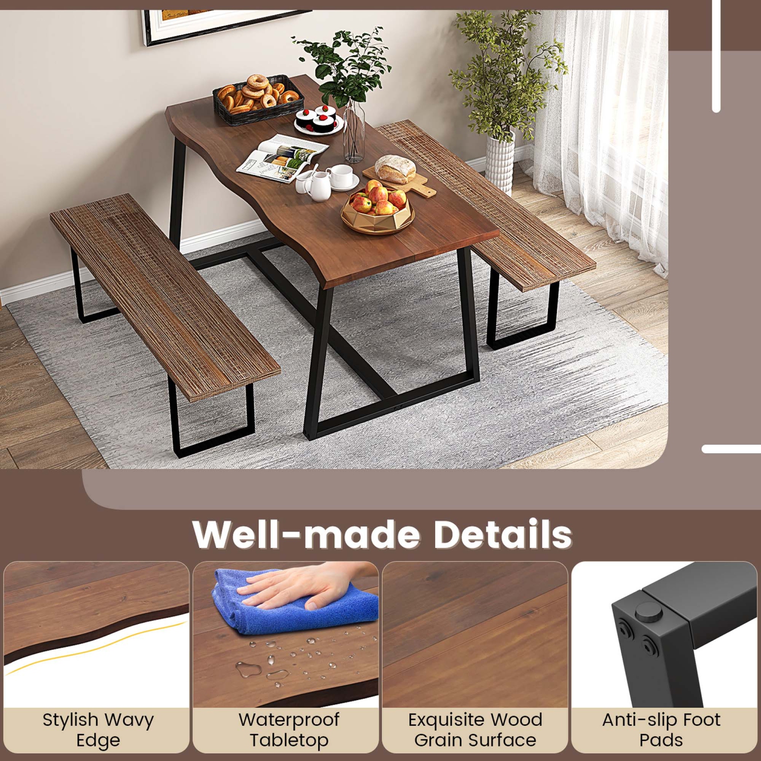 Grande table de salle à manger de 63 po de Costway pour 4-6&nbsp;personnes avec cadre en métal robuste Wavy Edge