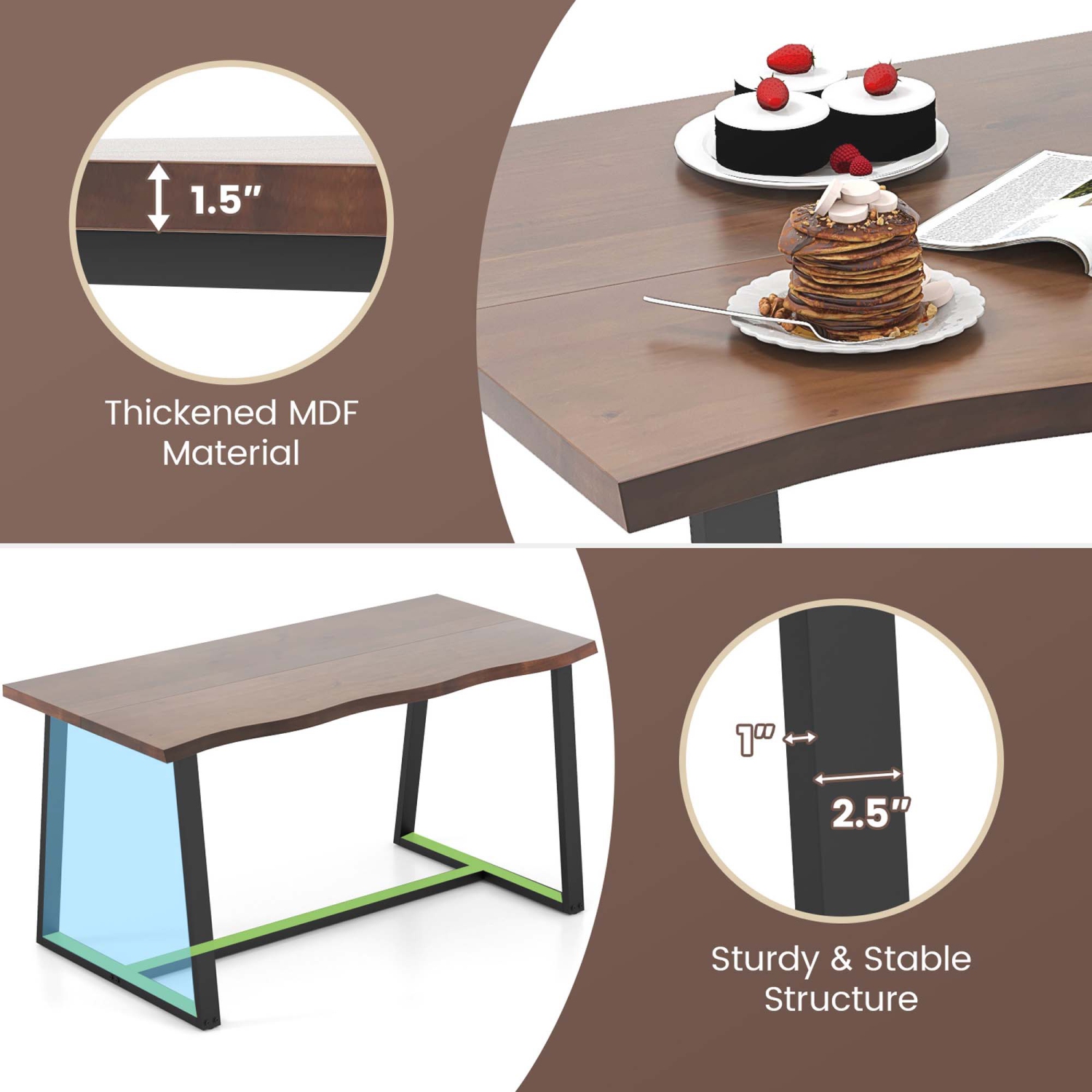 Grande table de salle à manger de 63 po de Costway pour 4-6&nbsp;personnes avec cadre en métal robuste Wavy Edge
