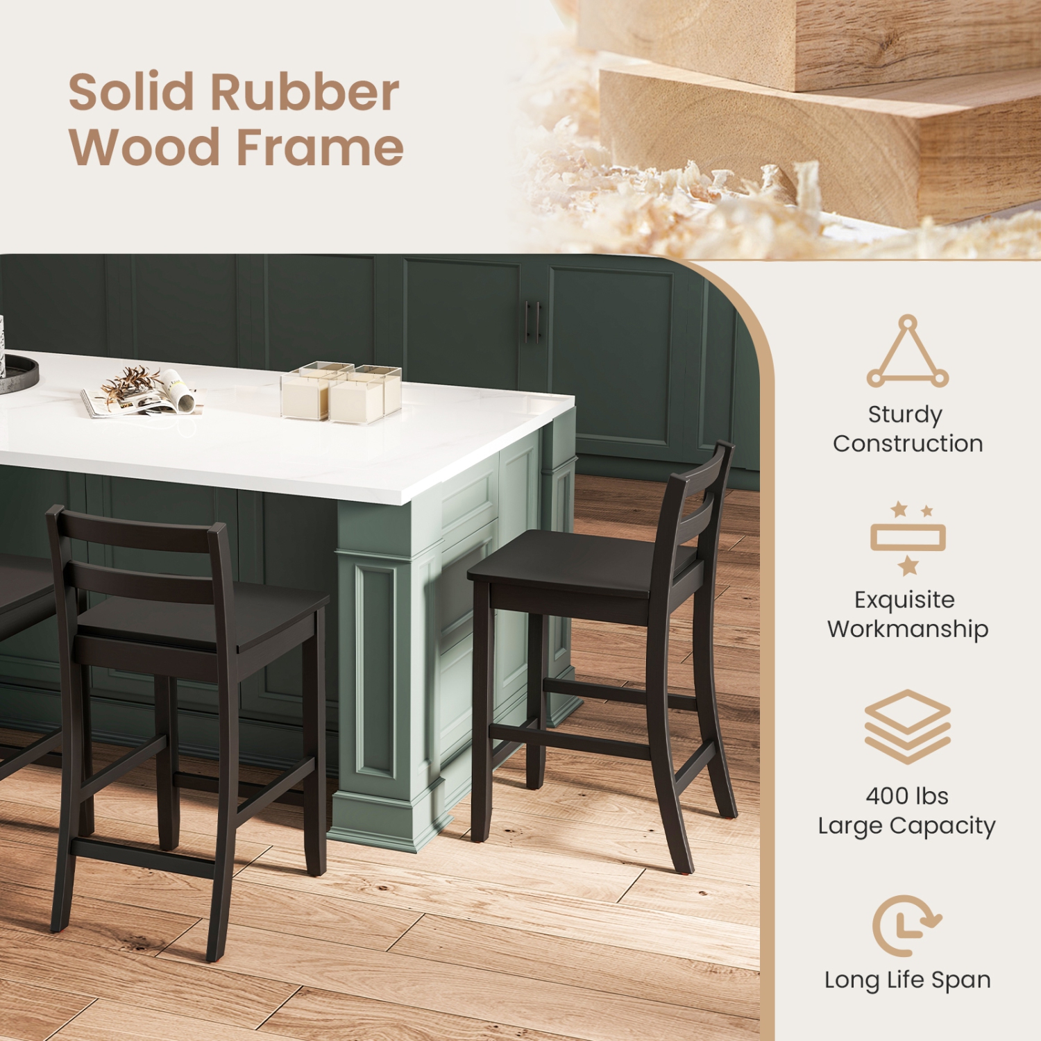 Costway 24-Inch Wooden Bar Stools Set of 2 with Ergonomic Backrest Counter Height Stools