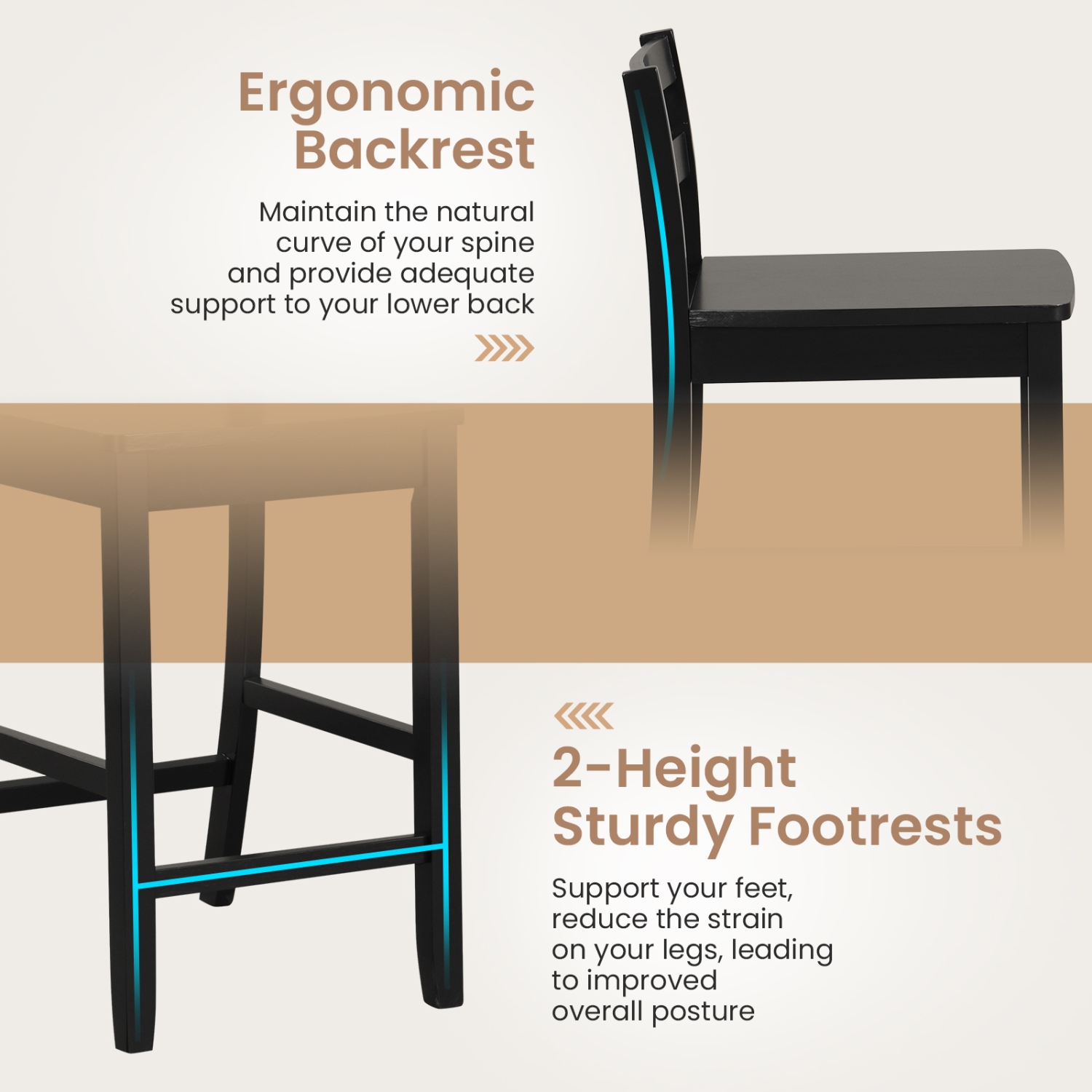 Costway 24-Inch Wooden Bar Stools Set of 2 with Ergonomic Backrest Counter Height Stools