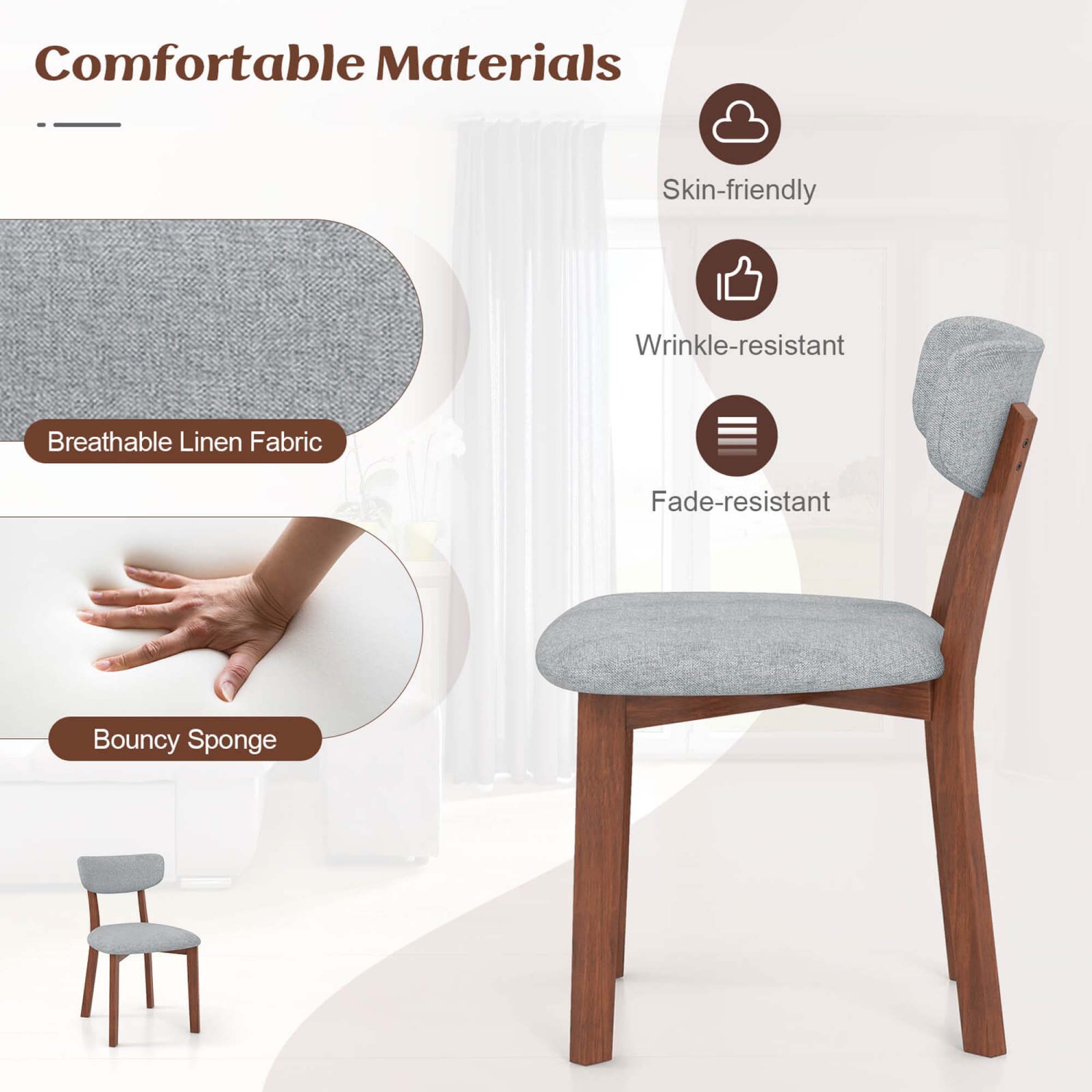 Ensemble de 4 chaises de salle à manger rembourrées avec cadre en hévéa massif et dossier incurvé de Costway