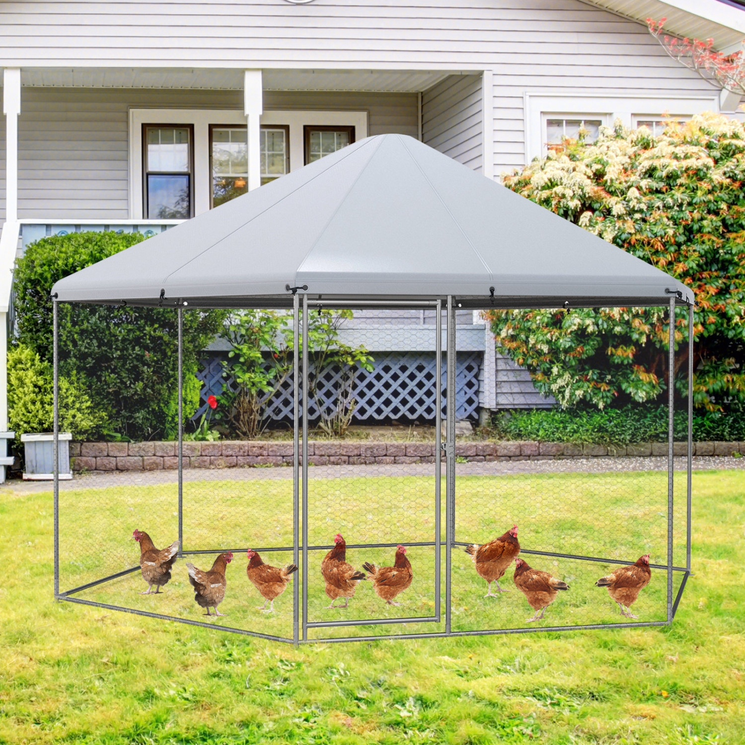 Costway Large Walk-in Chicken Coop Heavy-Duty Galvanized Poultry Cage with Waterproof Cover