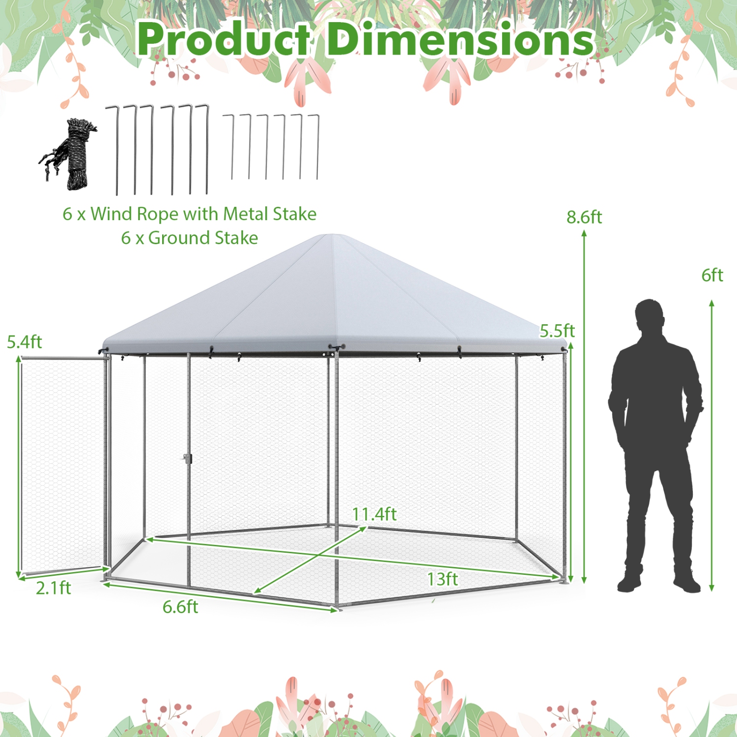 Costway Large Walk-in Chicken Coop Heavy-Duty Galvanized Poultry Cage with Waterproof Cover