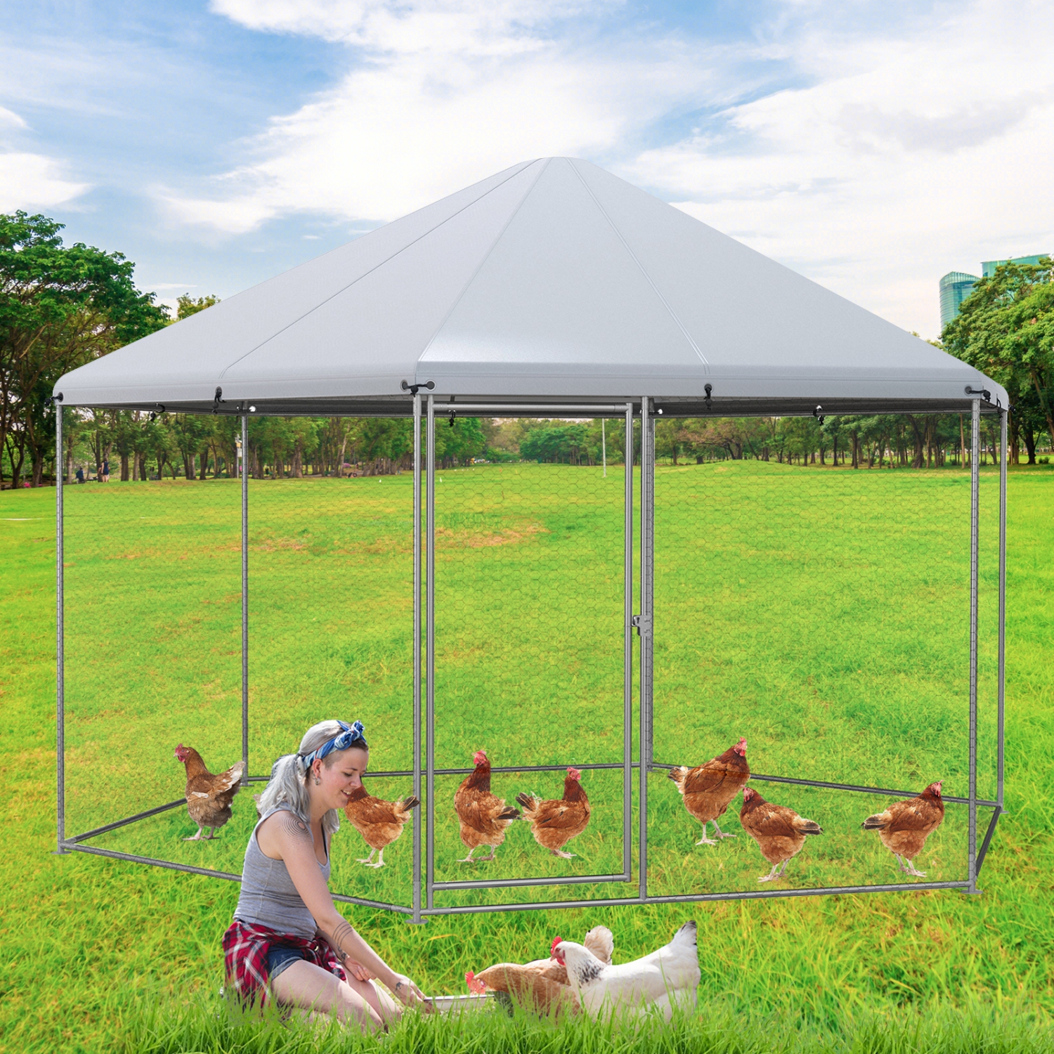 Costway Large Walk-in Chicken Coop Heavy-Duty Galvanized Poultry Cage with Waterproof Cover
