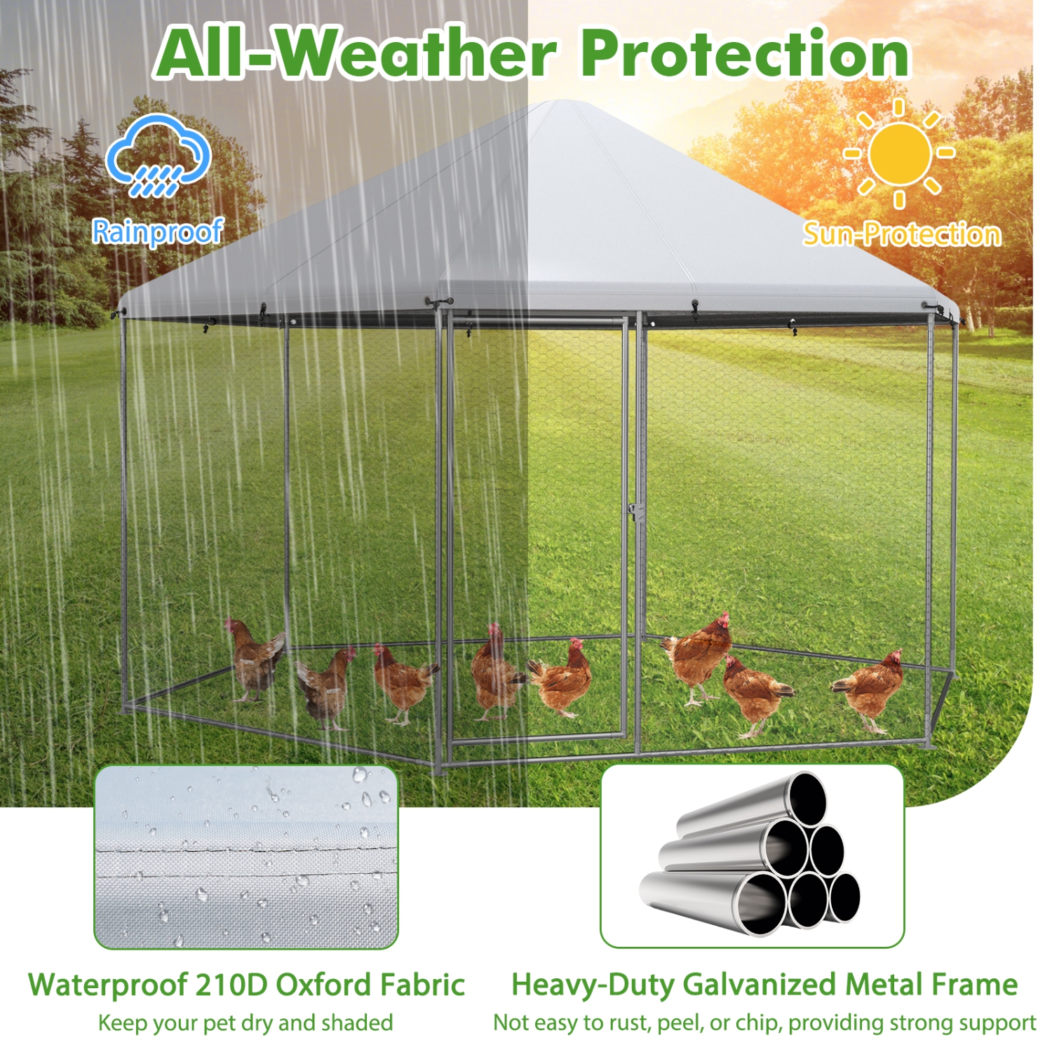 Costway Large Walk-in Chicken Coop Heavy-Duty Galvanized Poultry Cage with Waterproof Cover