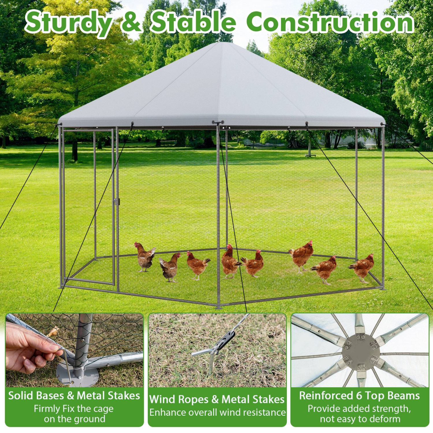 Costway Large Walk-in Chicken Coop Heavy-Duty Galvanized Poultry Cage with Waterproof Cover