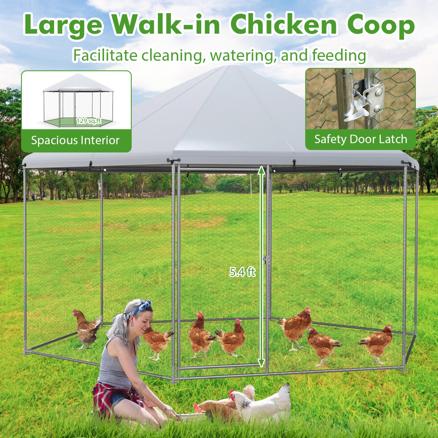 Costway Large Walk-in Chicken Coop Heavy-Duty Galvanized Poultry Cage with Waterproof Cover