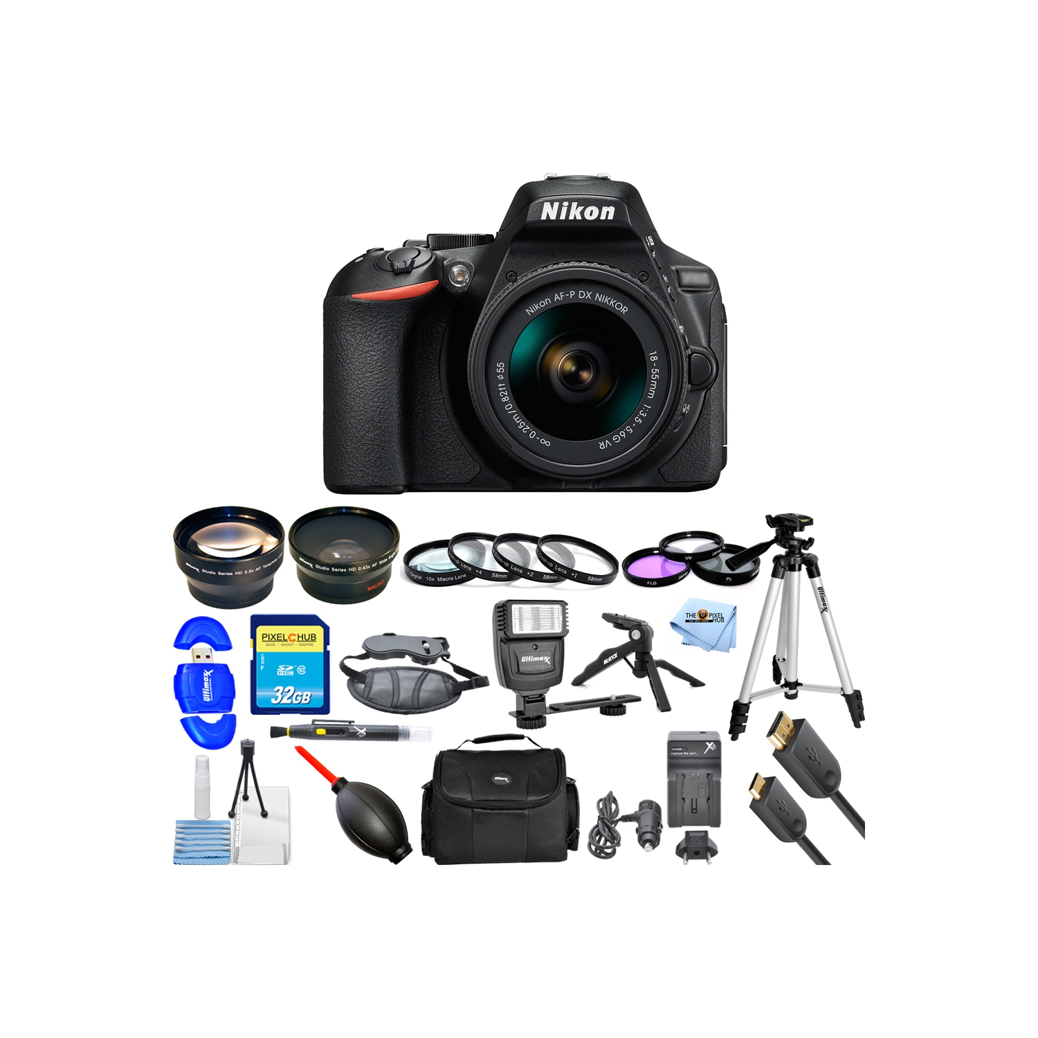 Nikon D5600 DSLR Camera with AF-P DX NIKKOR 18-55mm MEGA KIT with Charger + MORE