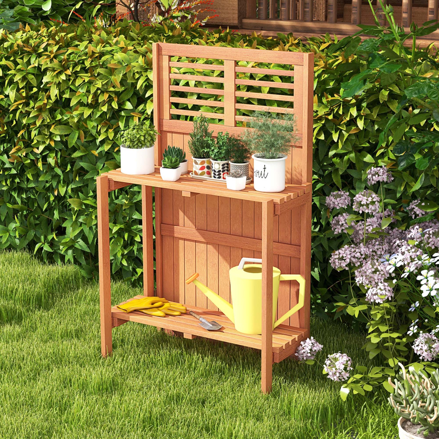 Costway Wood Potting Bench Waterproof Garden Table with 2-Tier Open Storage Shelf