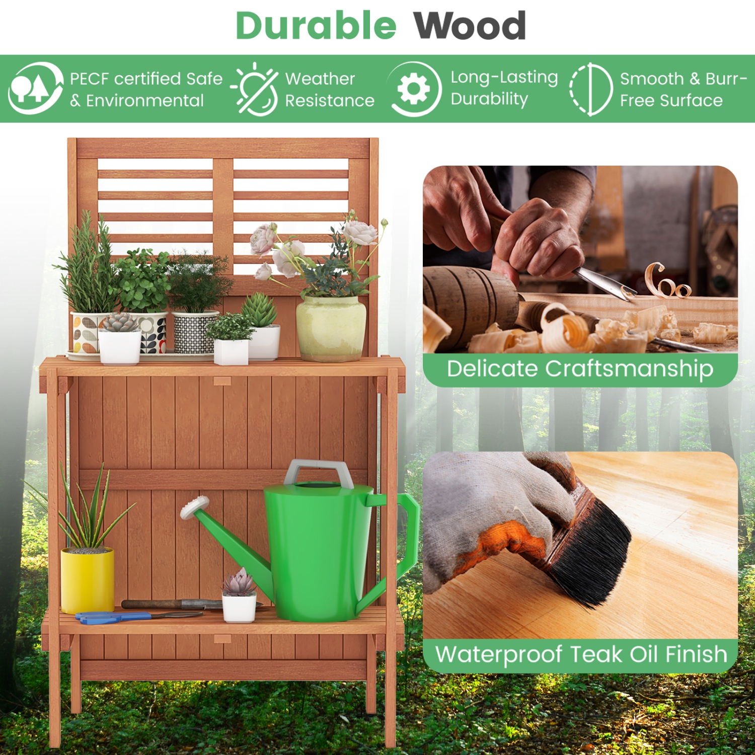 Costway Wood Potting Bench Waterproof Garden Table with 2-Tier Open Storage Shelf